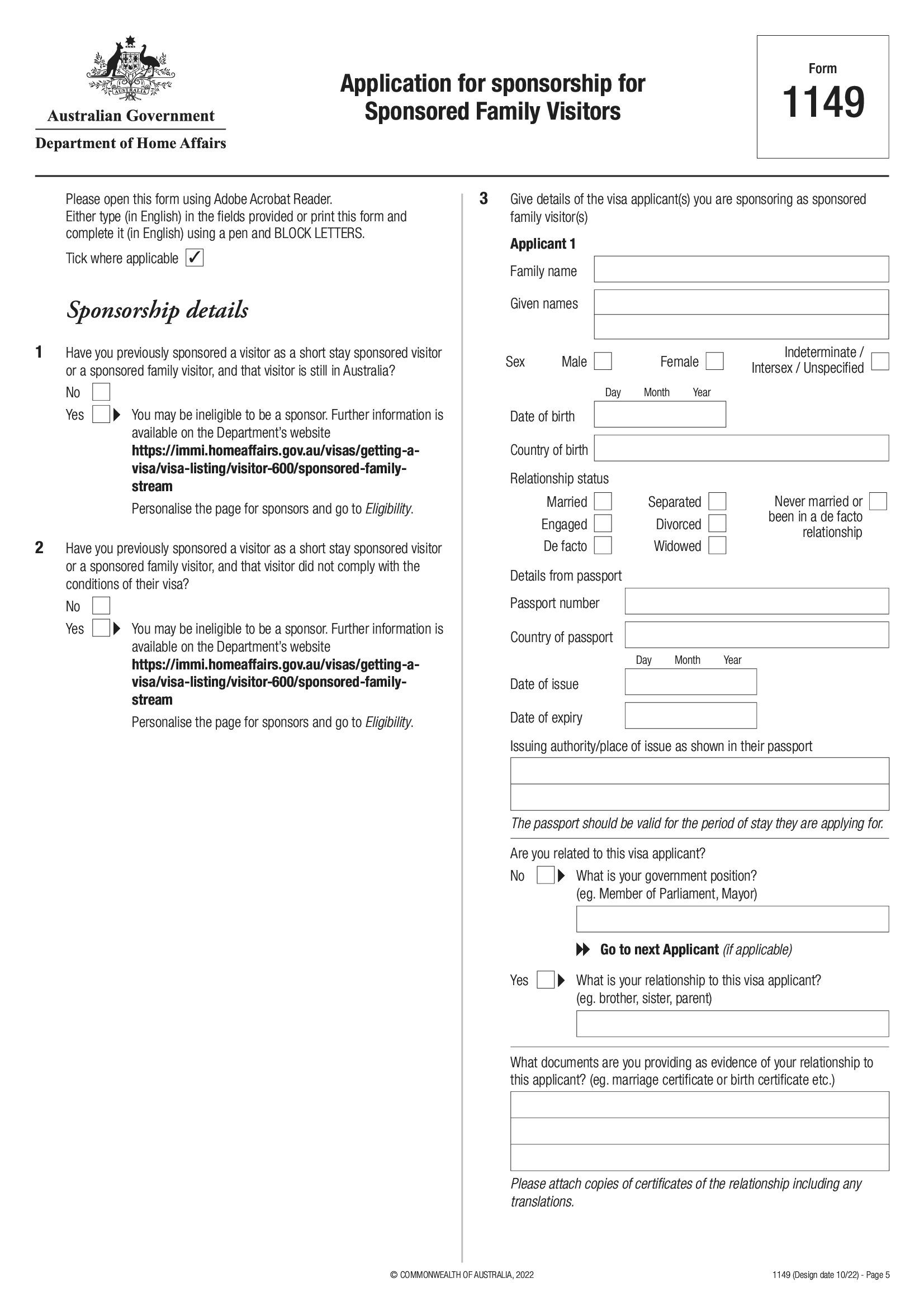 Form 1149 Application For Sponsorship For Sponsored Family Visitors 