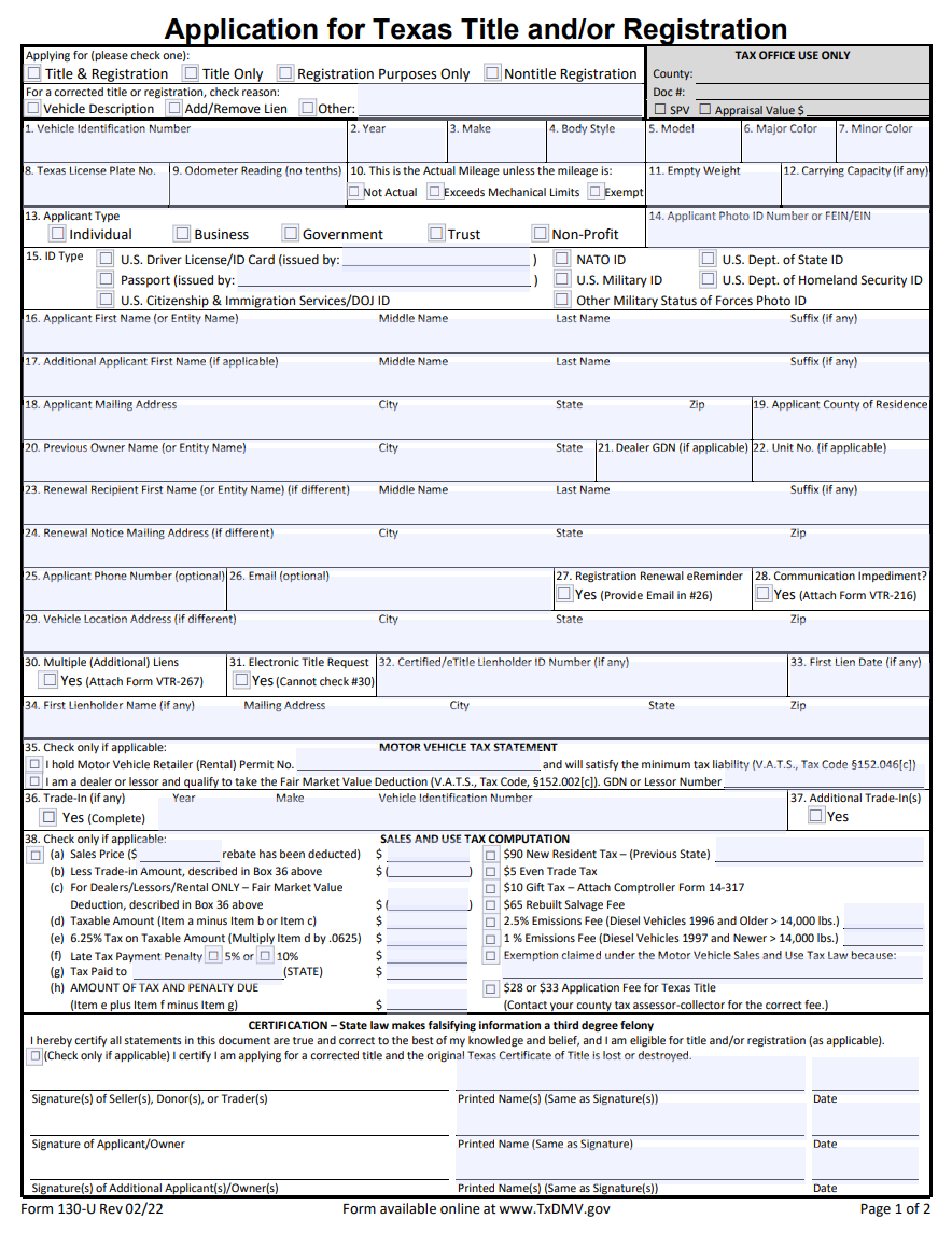 Form 130U. Application for Texas Title Forms Docs 2023