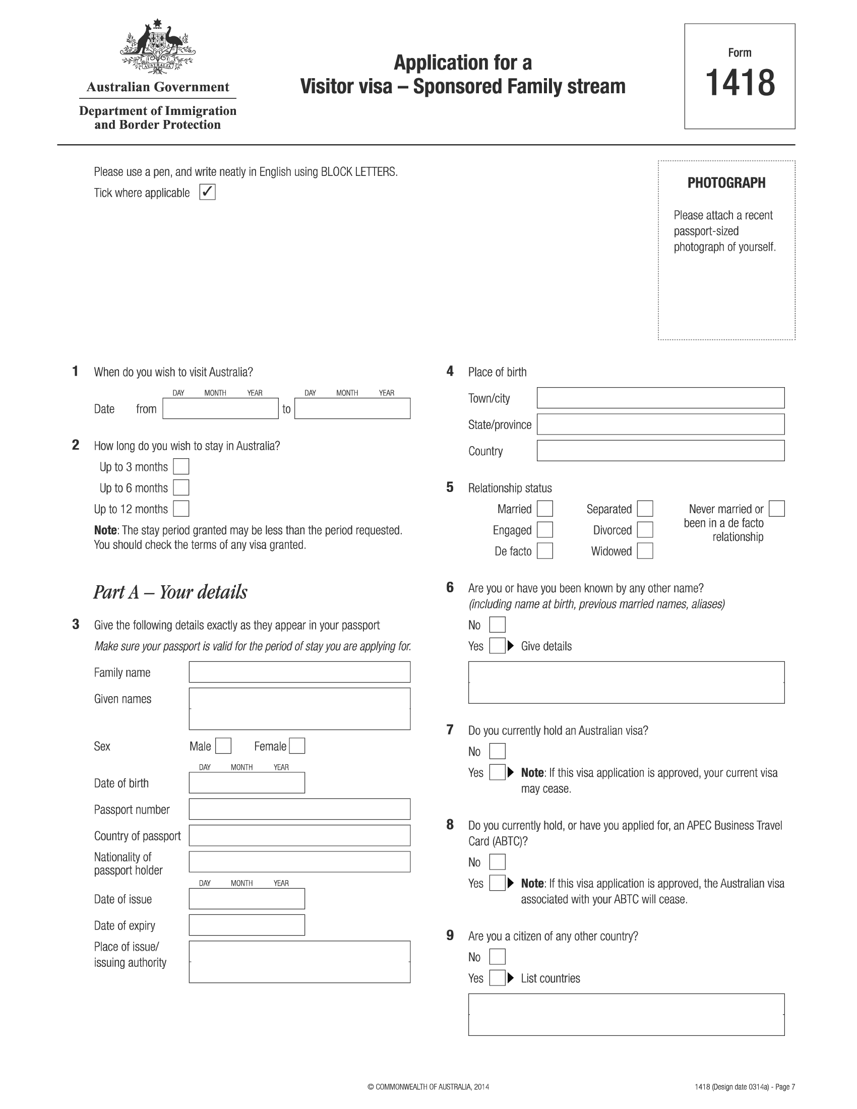 Form 1418 Application For A Visitor Visa Sponsored Family Stream Australia Forms Docs 2023