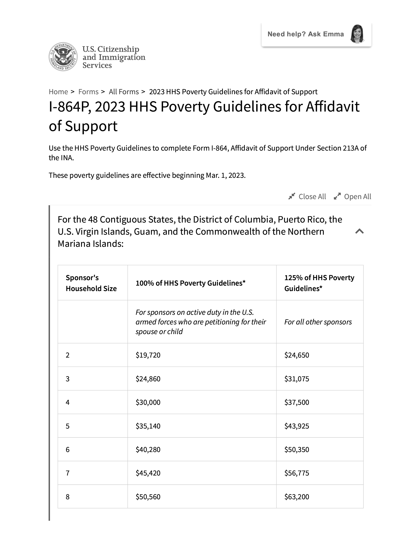 Form I864P. 2023 HHS Poverty Guidelines for Affidavit of Support
