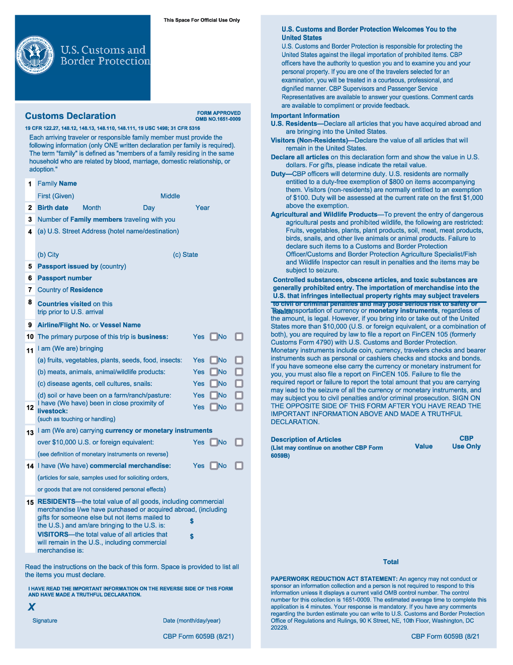 Customs Declaration Form 6059B | Forms - Docs - 2023