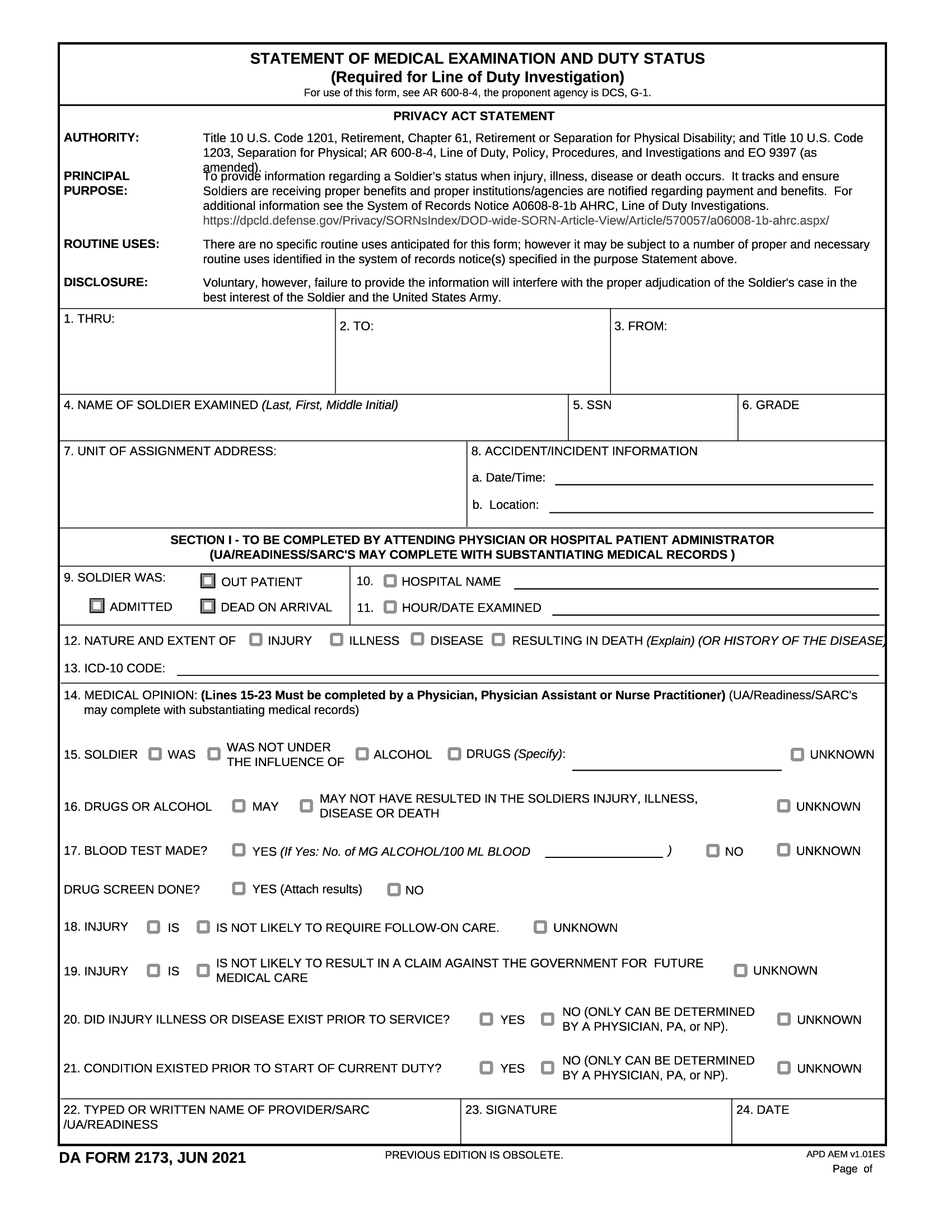 DA Form 2173. Statement of Medical Examination and Duty Status | Forms - Docs - 2023