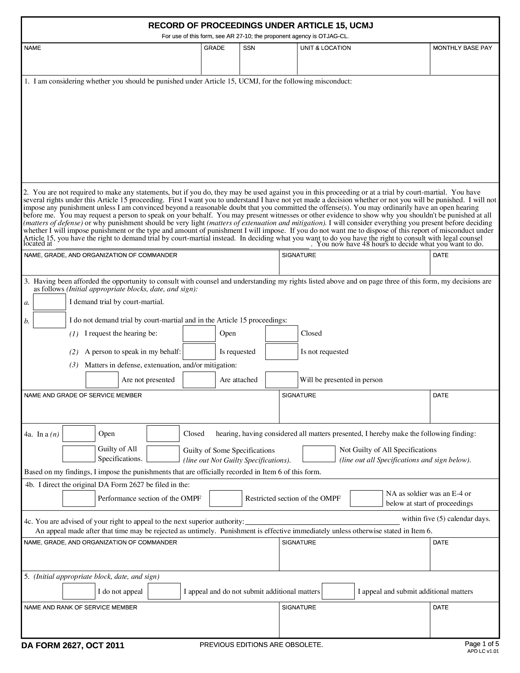 DA Form 2627 Record Of Proceedings Under Article 15 UCMJ Forms 