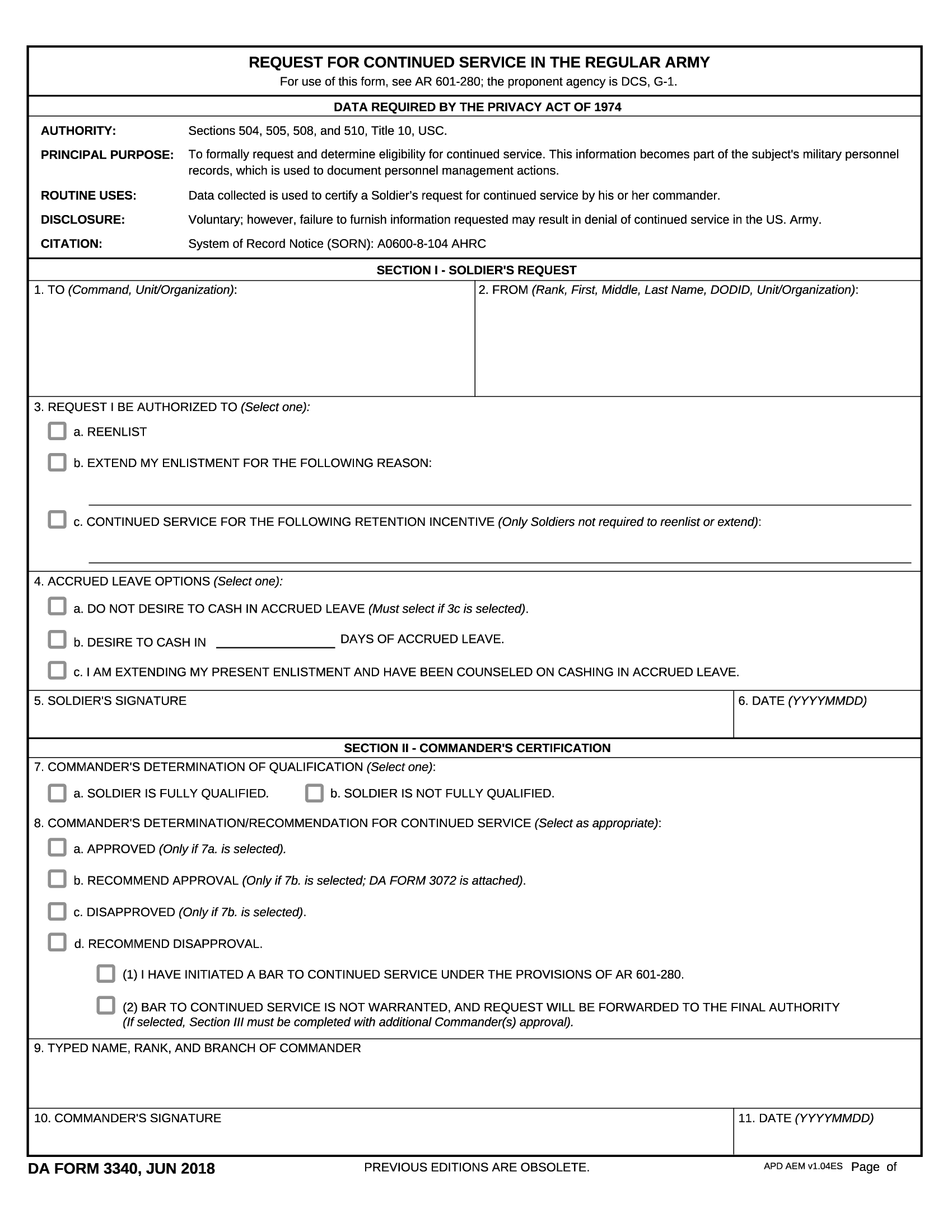 DA Form 3340 Request For Continued Service In The Regular Army Forms 