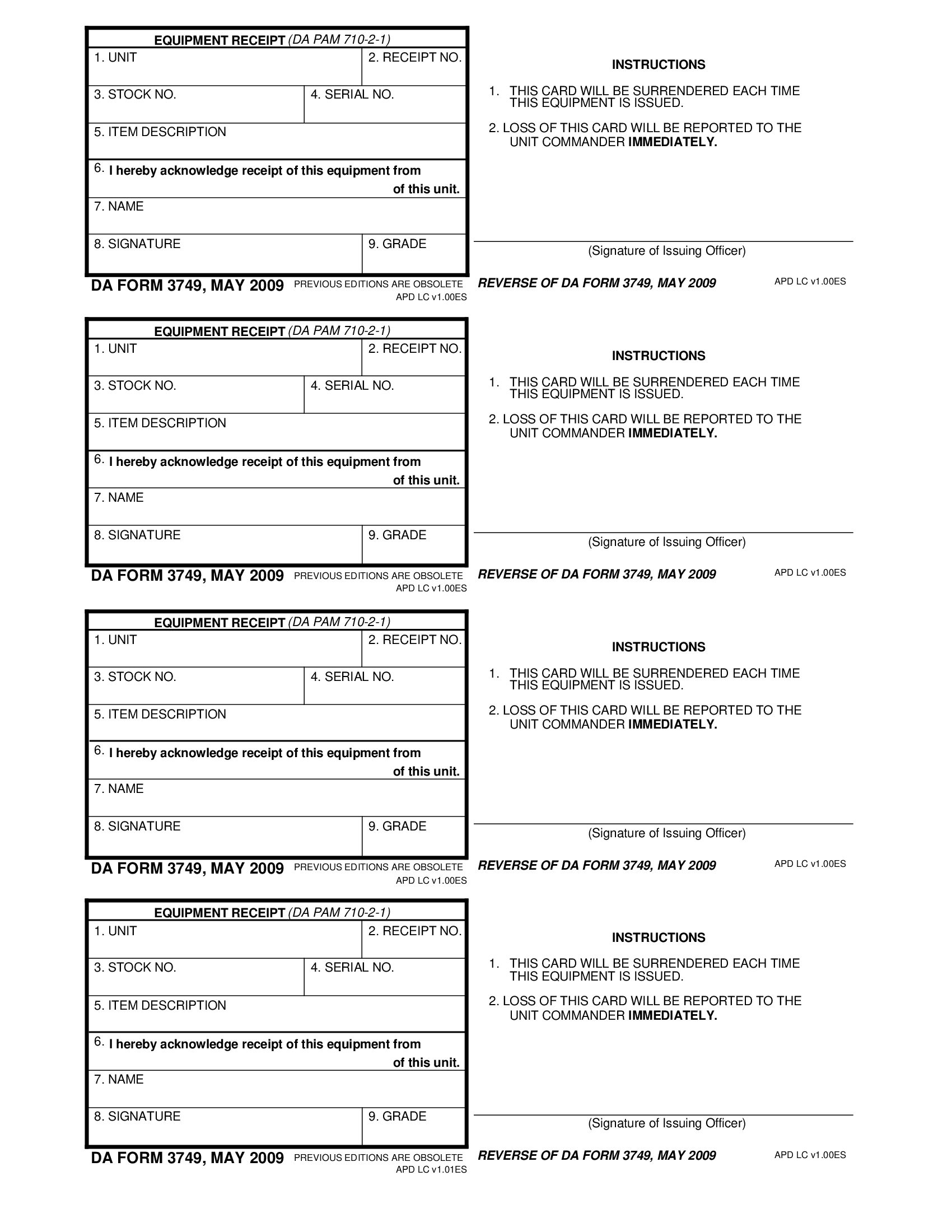 DA Form 3749 Equipment Receipt Forms Docs 2023