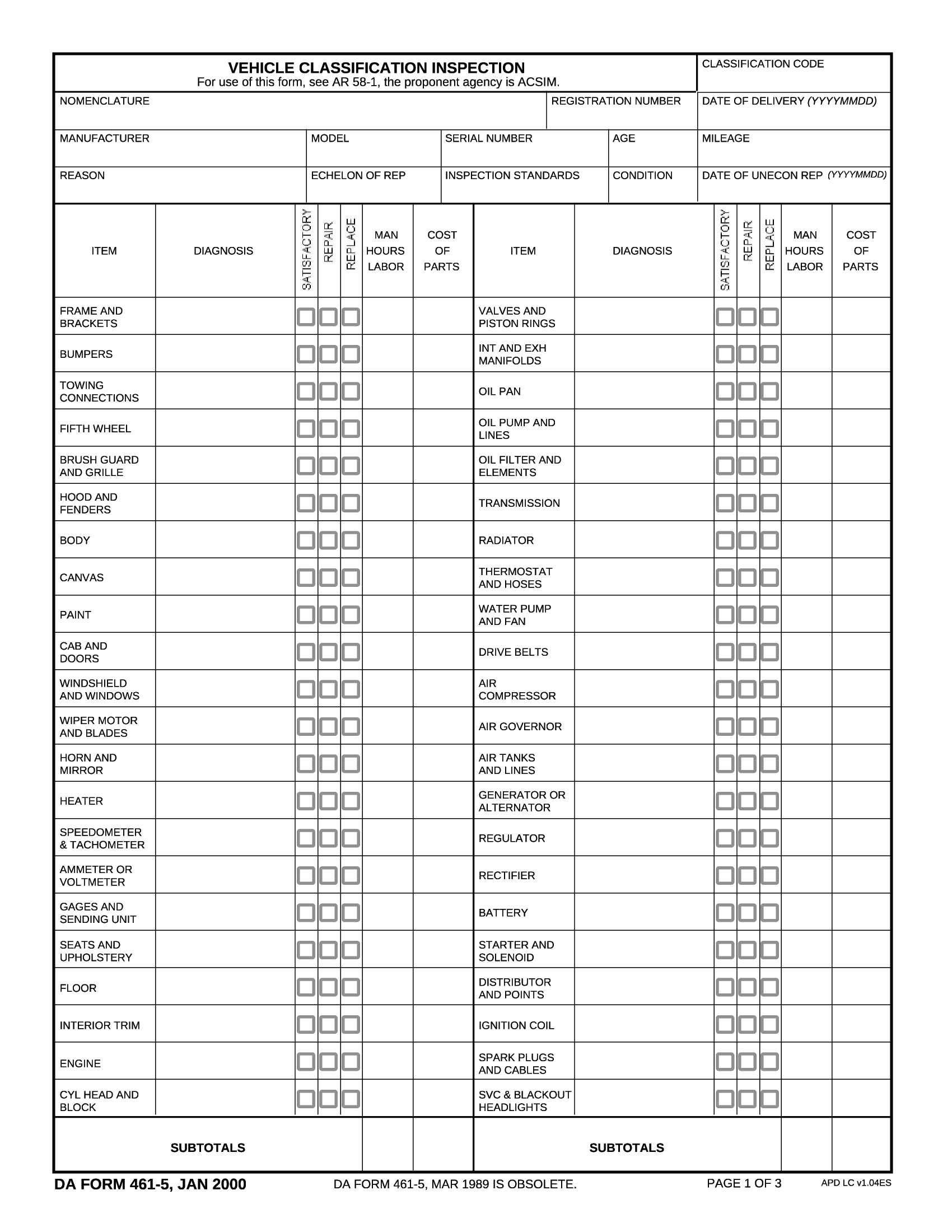 DA Form 461-5. Vehicle Classification Inspection | Forms - Docs - 2023