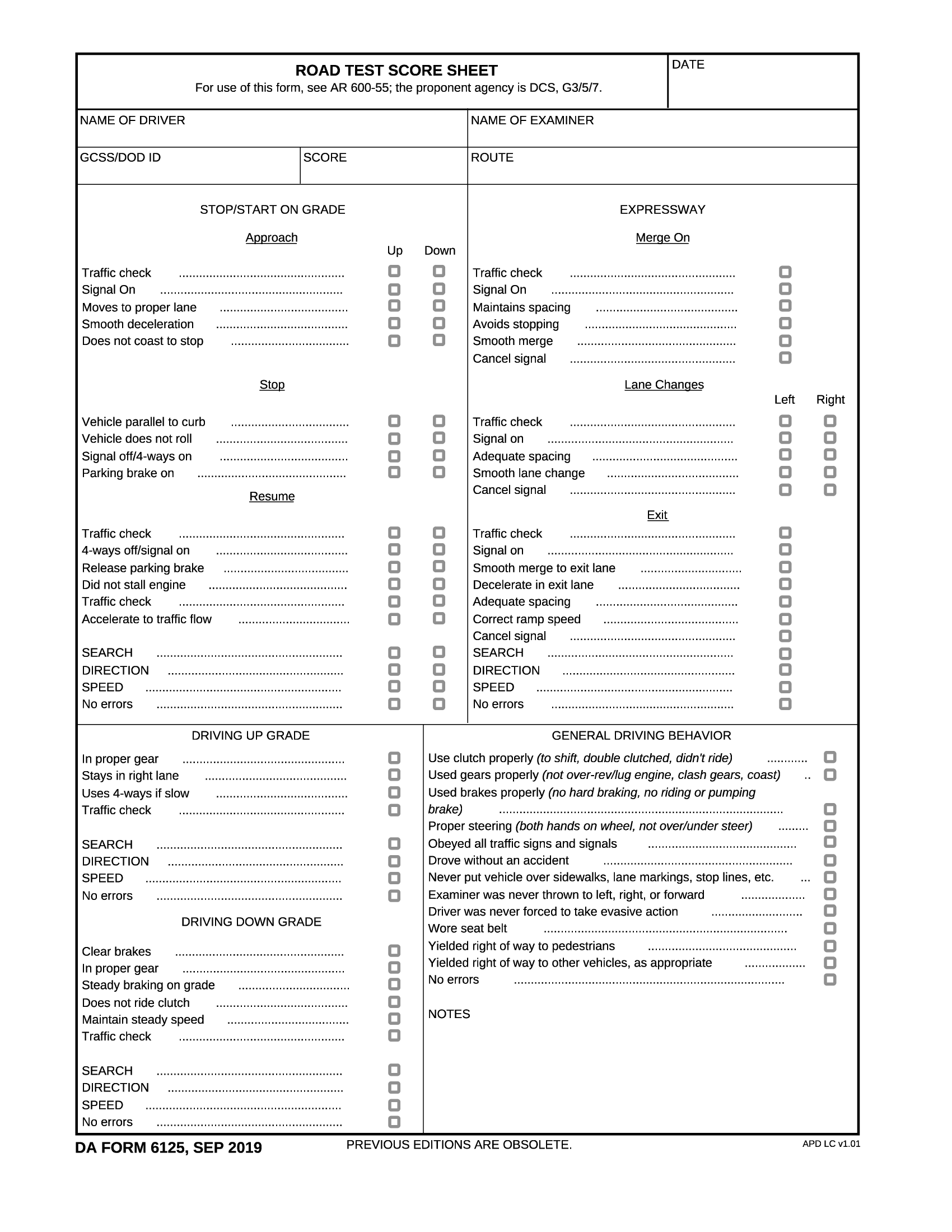 DA Form 6125 Road Test Score Sheet Forms Docs 2023