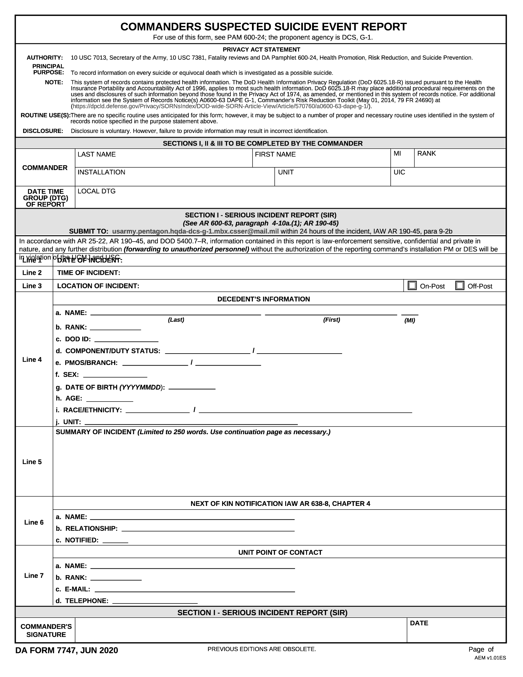 DA Form 7747. Commanders Suspected Suicide Event Report | Forms - Docs - 2023