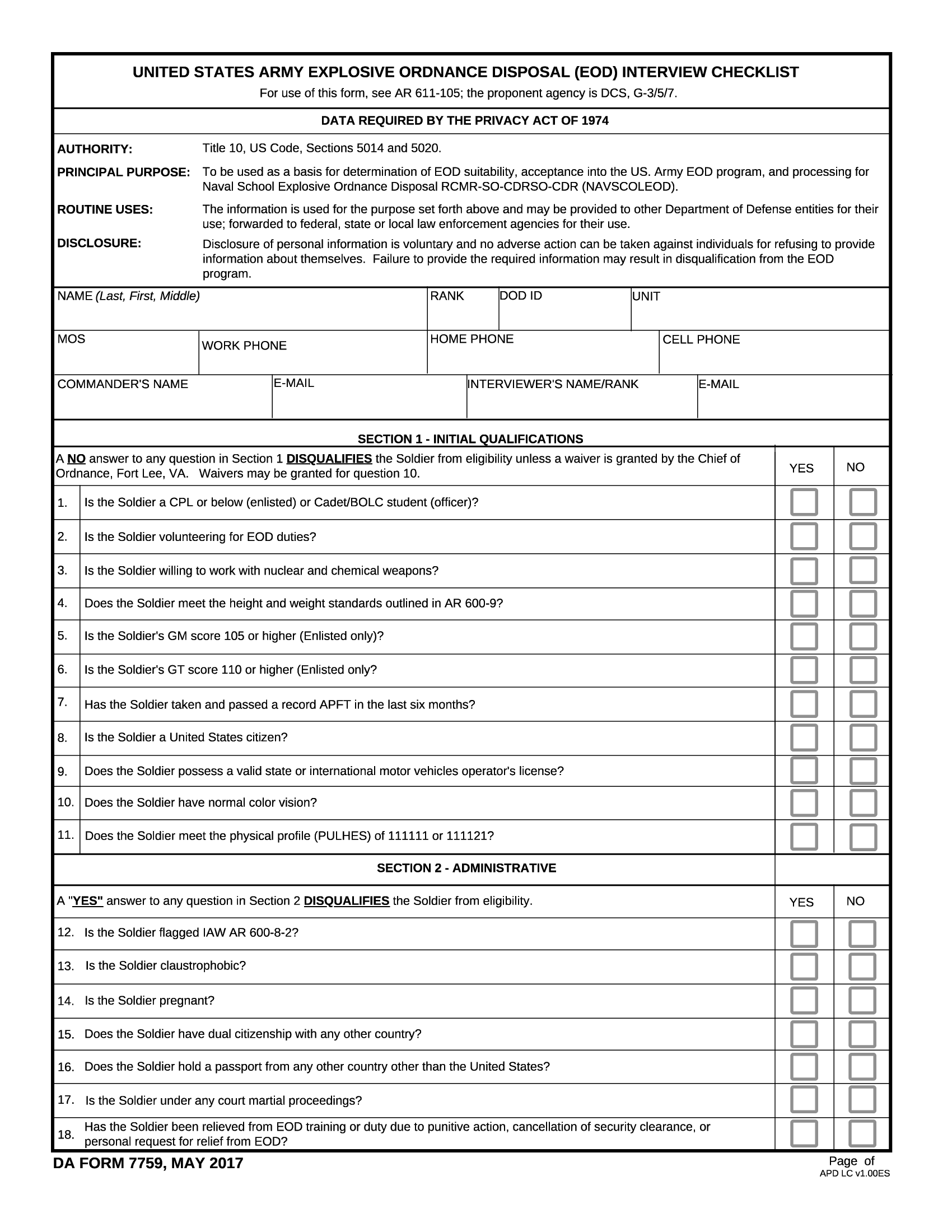 DA Form 7759. United States Army Explosive Ordnance Disposal (EOD) Interview Checklist | Forms - Docs - 2023
