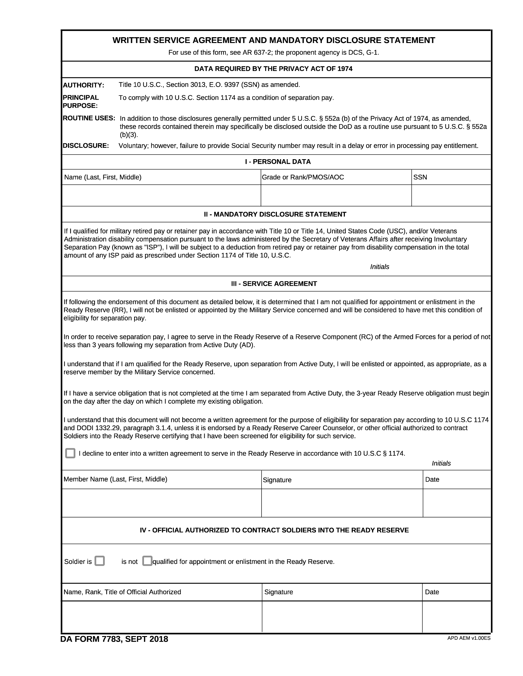 DA Form 7783. Written Service Agreement and Mandatory Disclosure Statement | Forms - Docs - 2023