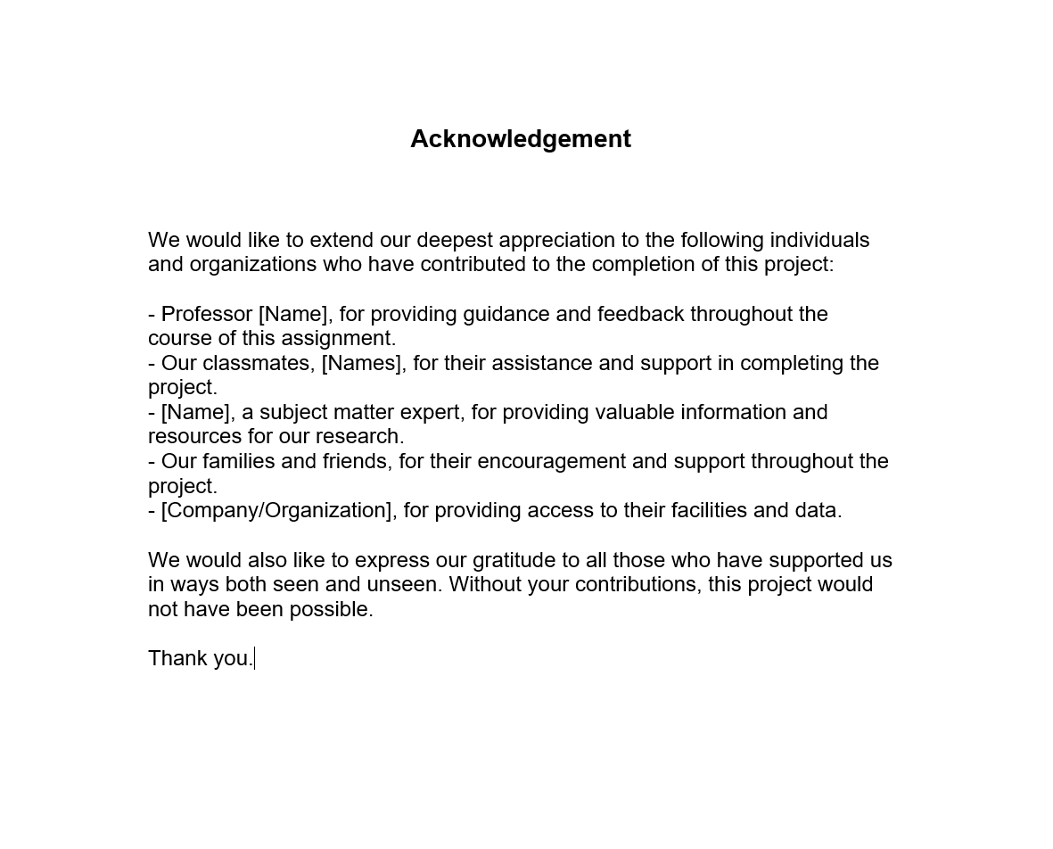 acknowledgement example for group assignment