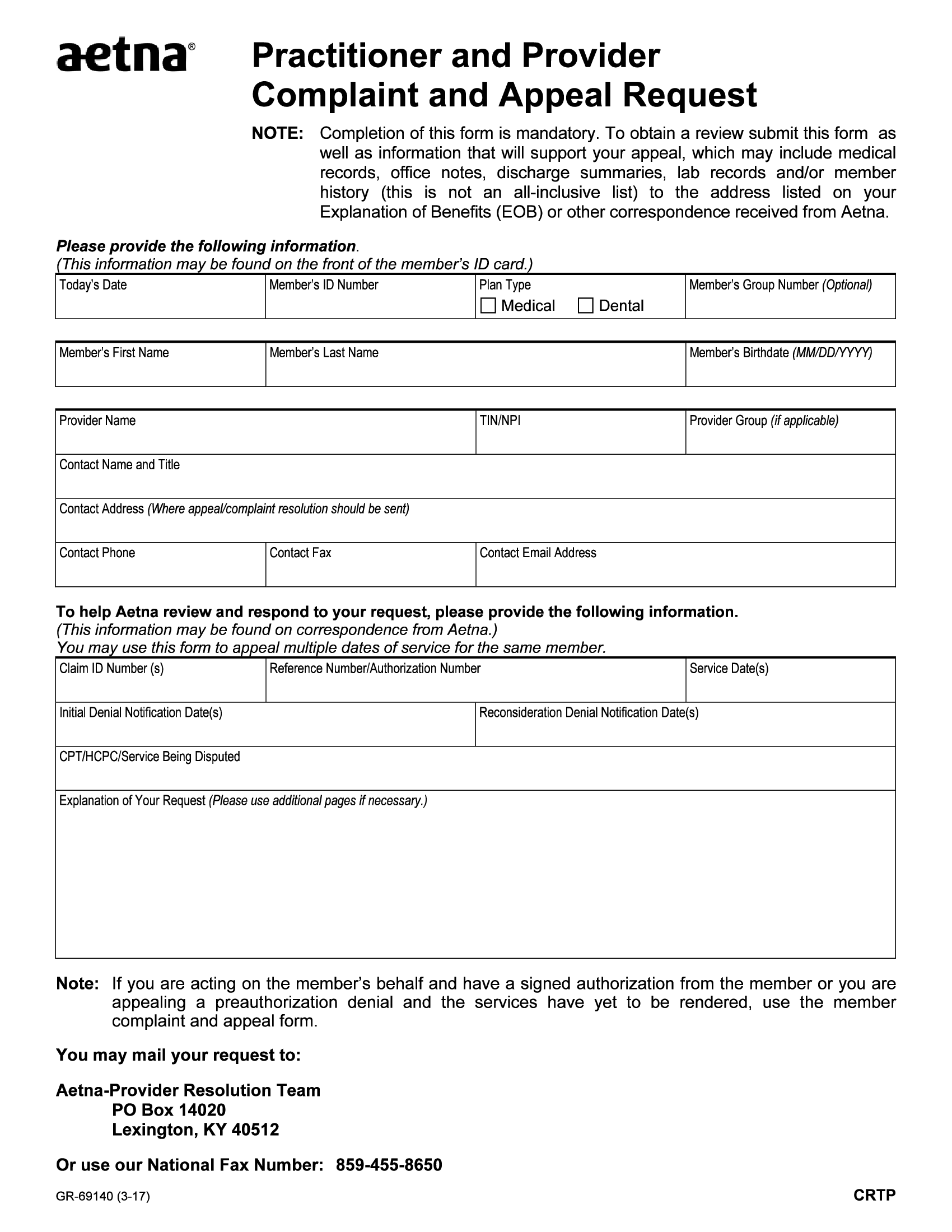 Aetna Practitioner And Provider Complaint And Appeal Request Form GR 