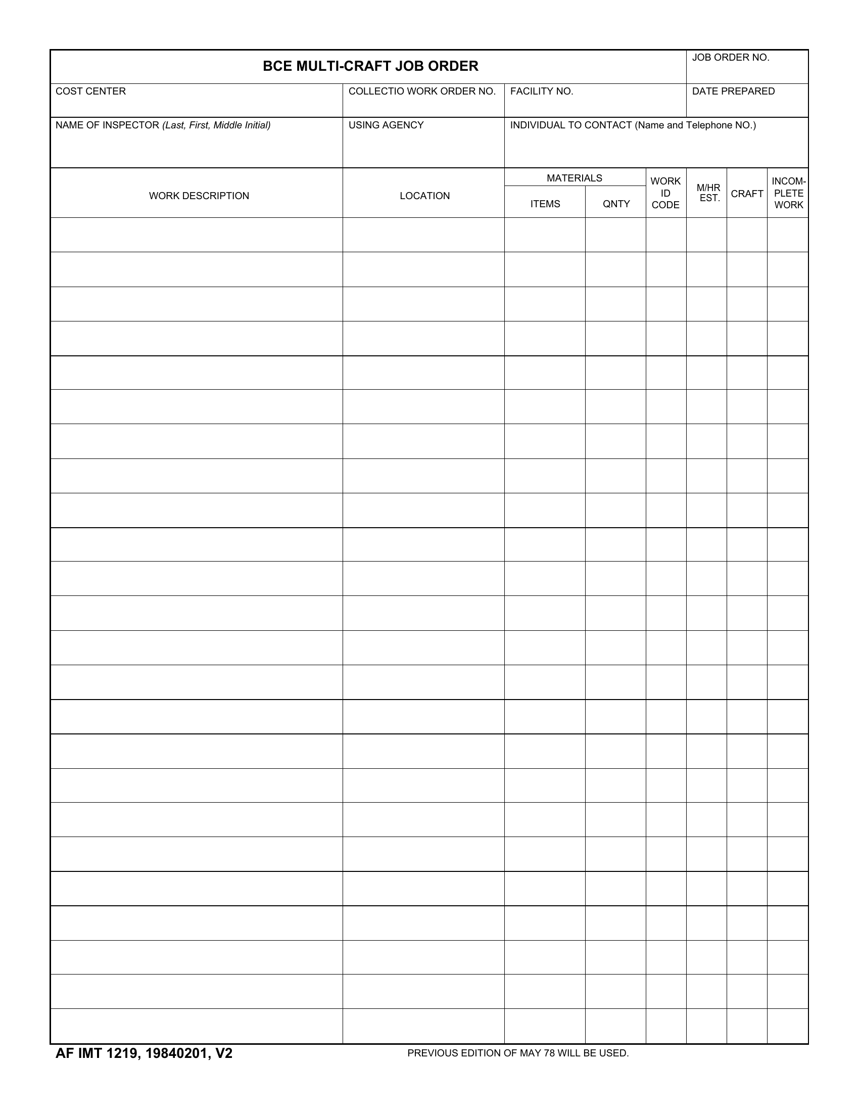 AF Form 1219 Bce Multi Craft Job Order Forms Docs 2023