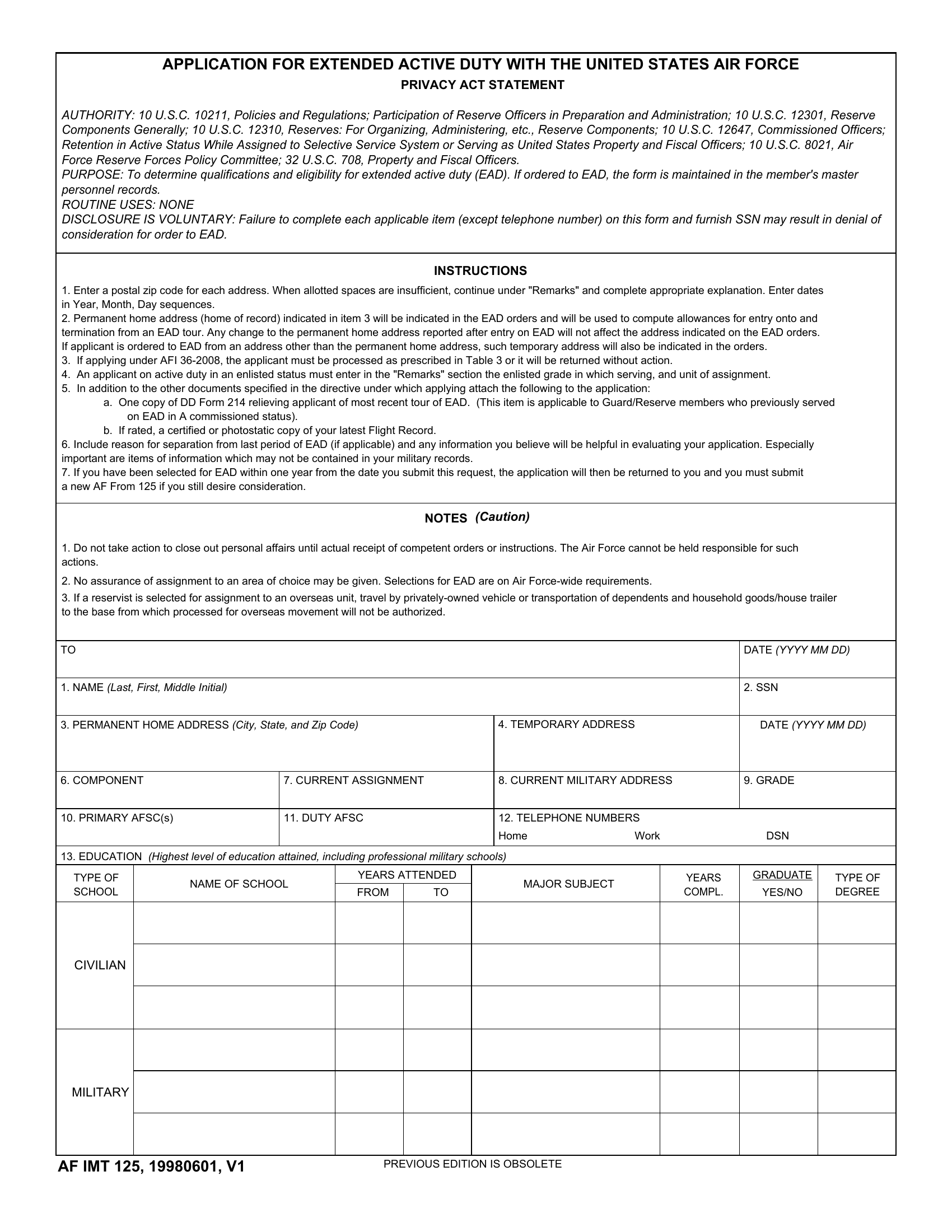 AF Form 125 Application For Extended Active Duty With The United