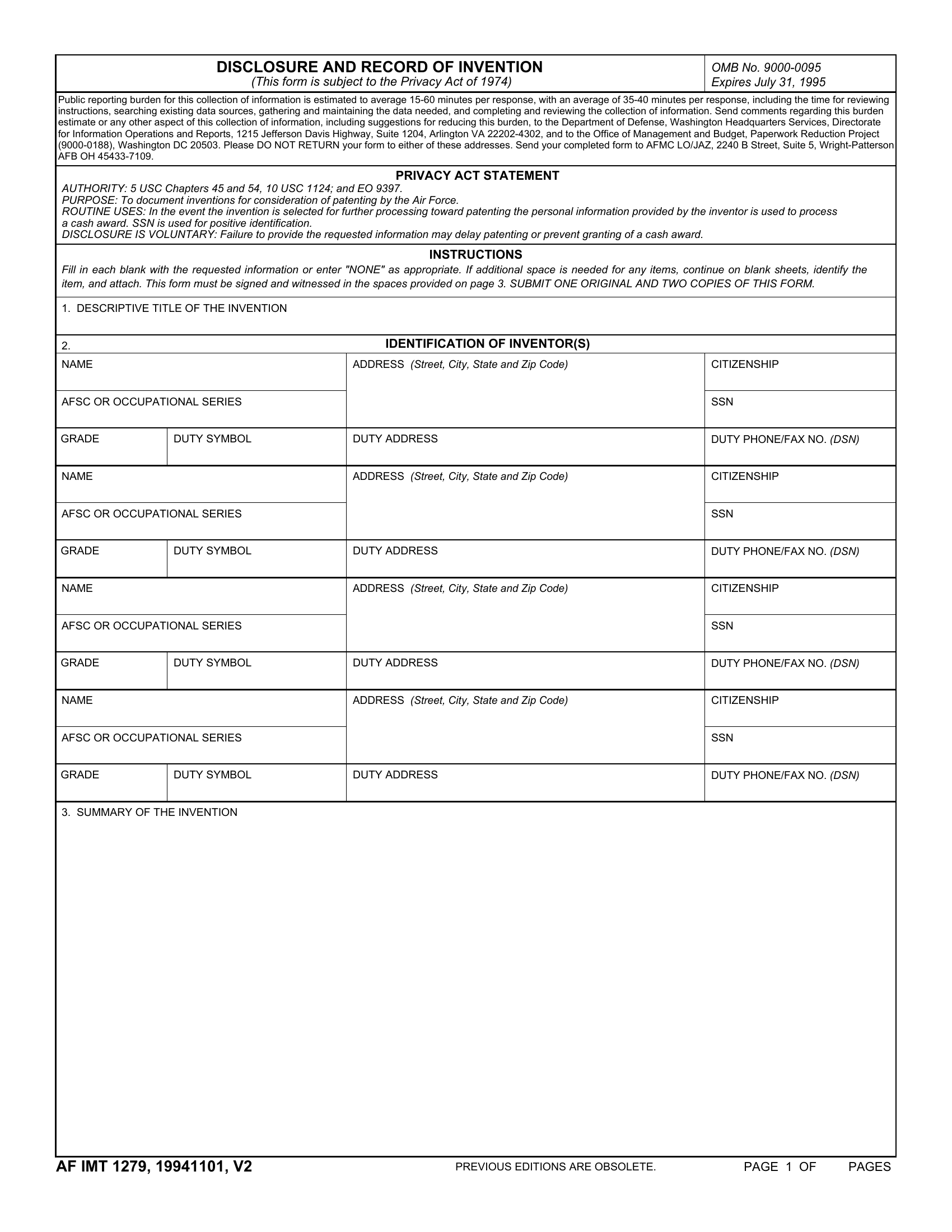 AF Form 1279 Disclosure And Record Of Invention Forms Docs 2023