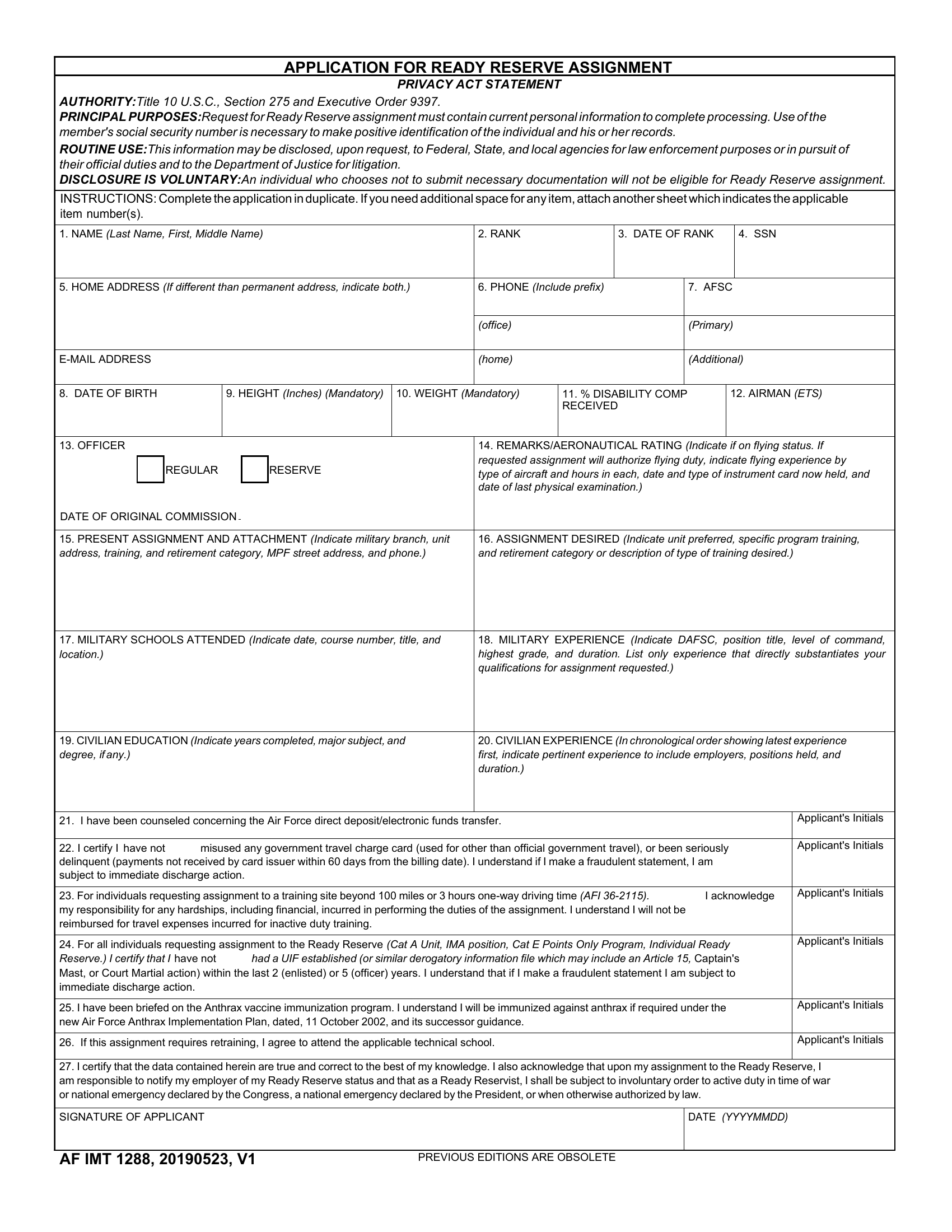 AF Form 1288 Application For Ready Reserve Assignment Forms Docs