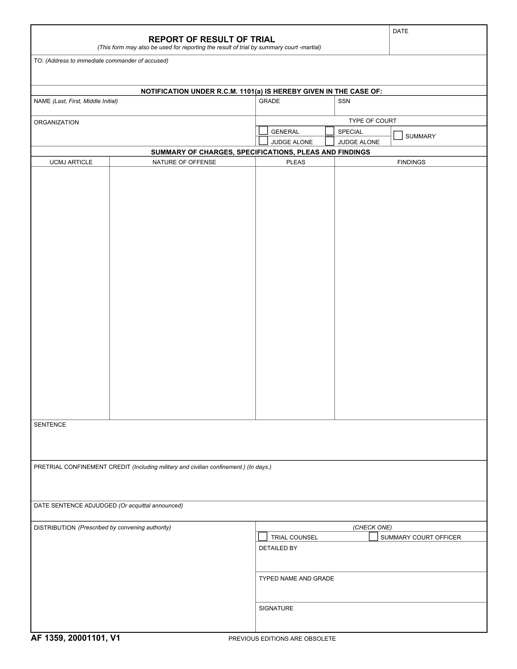 AF Form 1359 Report Of Result Of Trial Forms Docs 2023