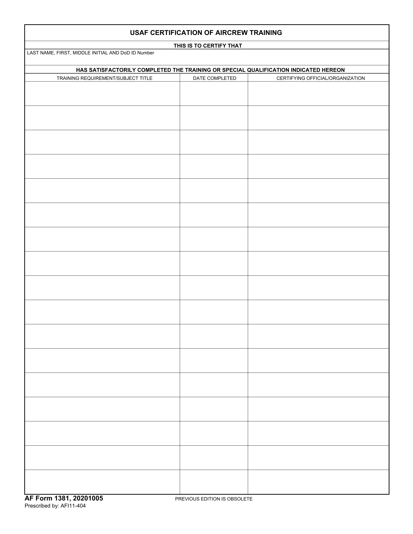 AF Form 1381 Usaf Certification Of Air Crew Training Forms Docs