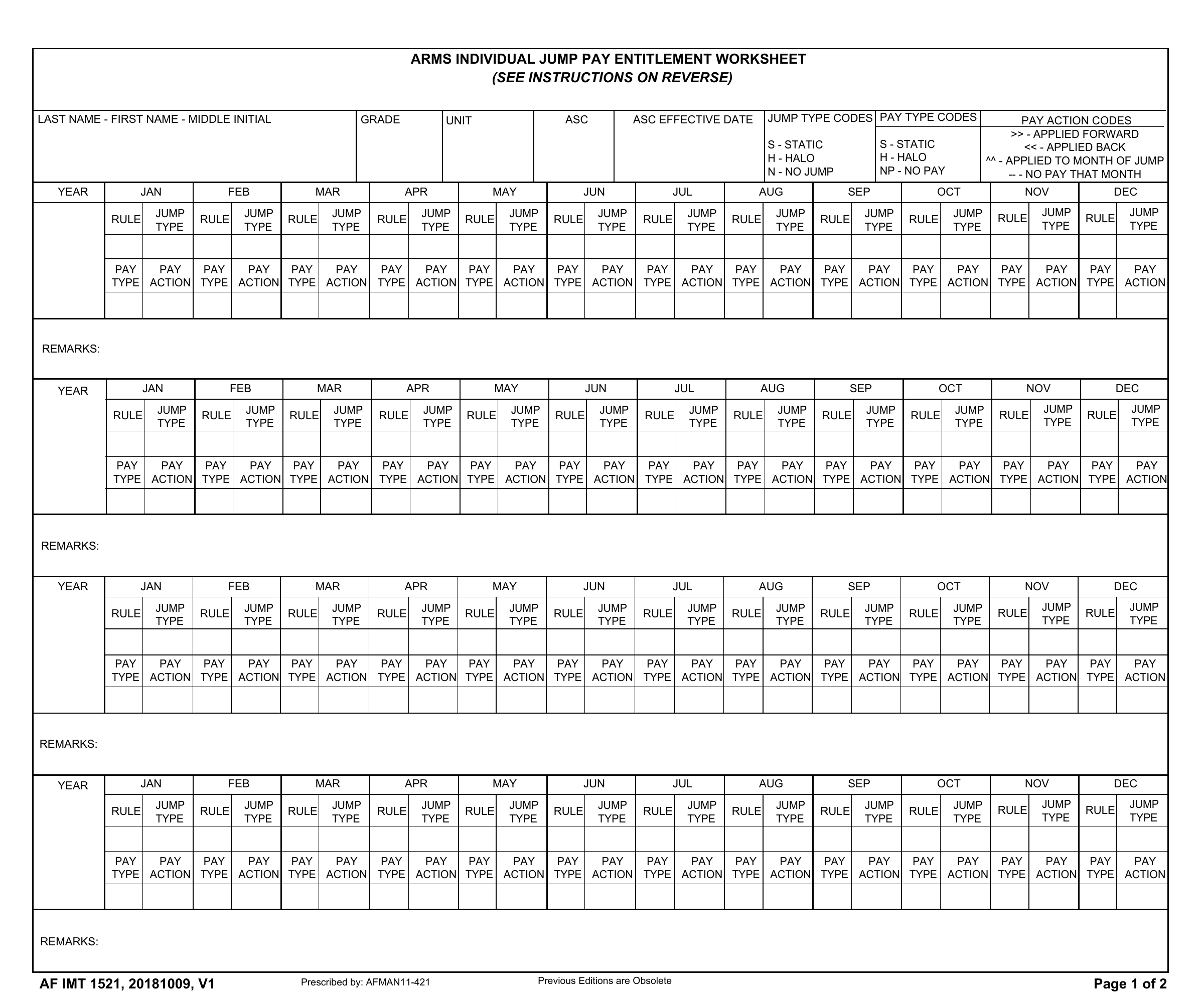 AF Form 1521 Arms Individual Jump Pay Entitlement Worksheet Forms