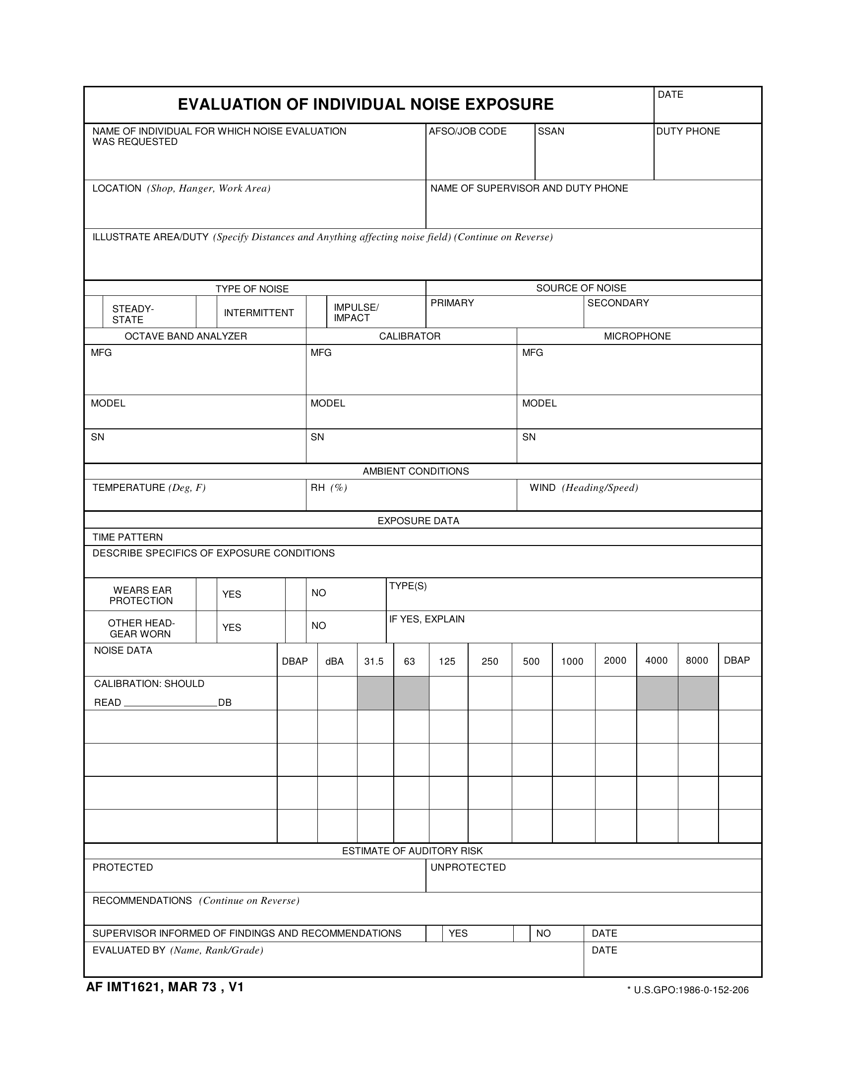 AF Form 1621 Evaluation Of Individual Noise Exposure LRA Forms