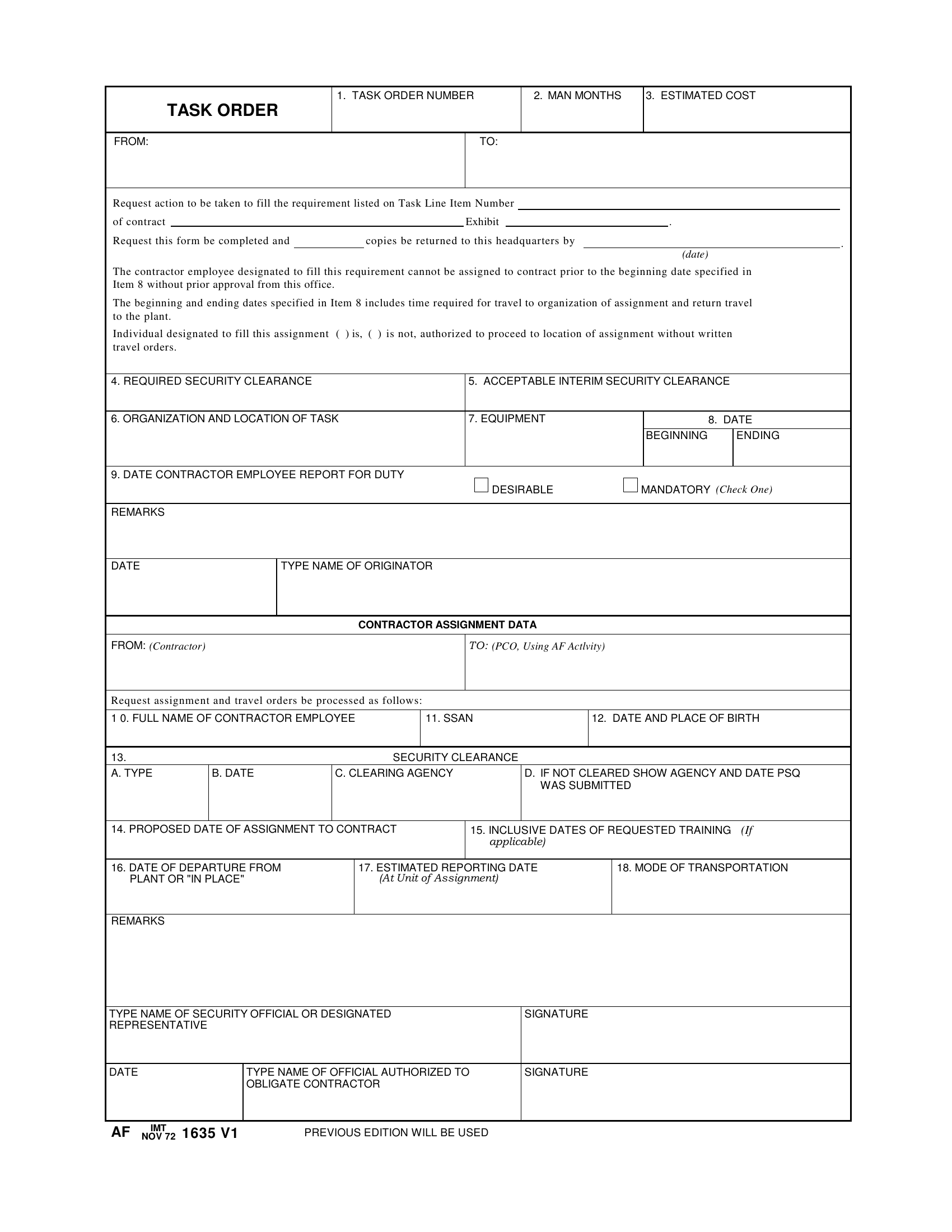 AF Form 1635 Task Order LRA Forms Docs 2023