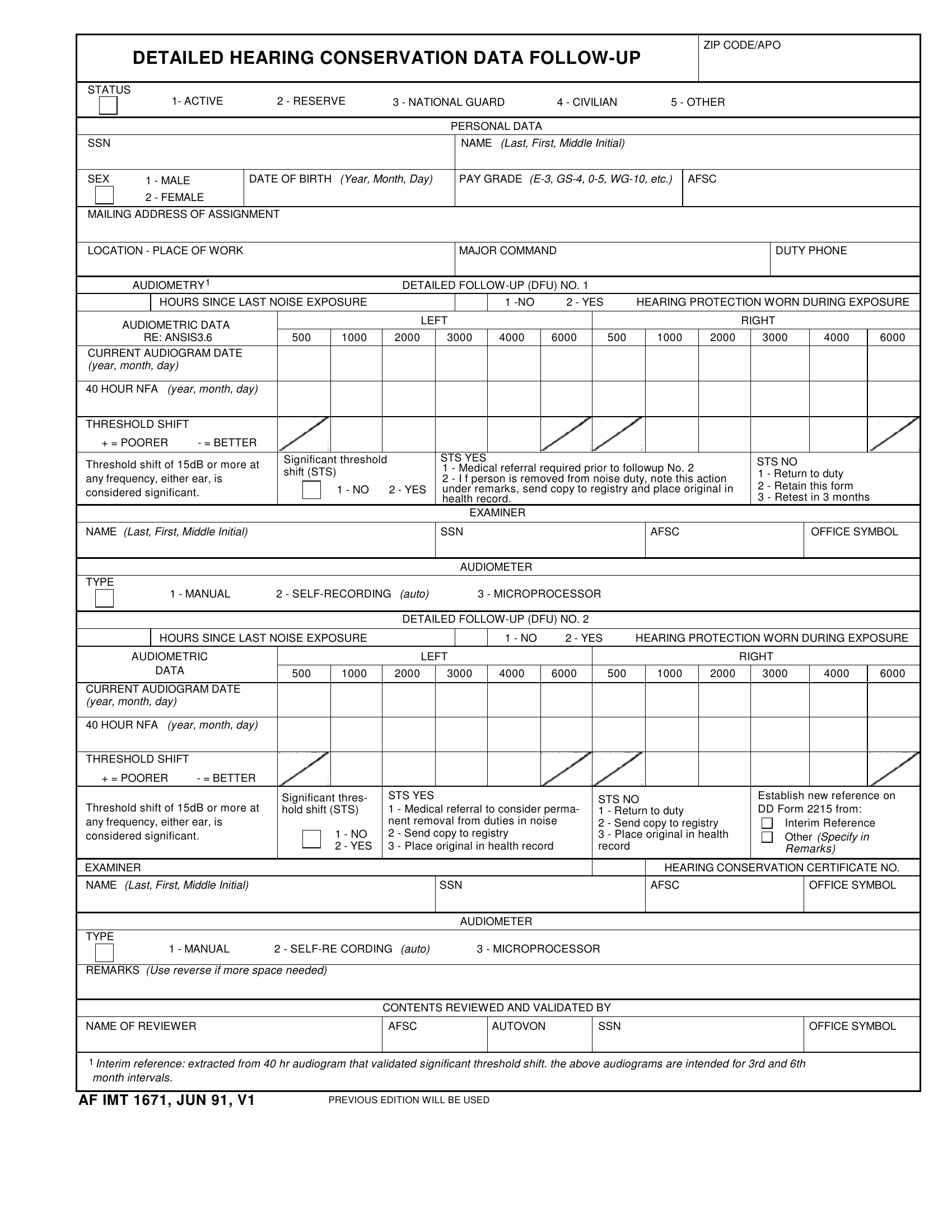 AF Form 1671 Detailed Hearing Conservation Data Follow Up Forms