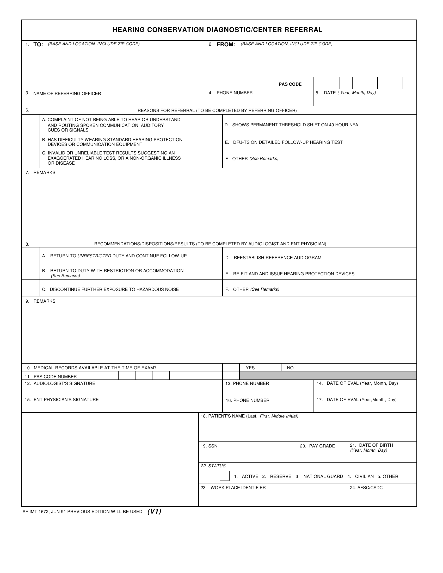 AF Form 1672 Hearing Conservation Diagnostic Center Referral Forms