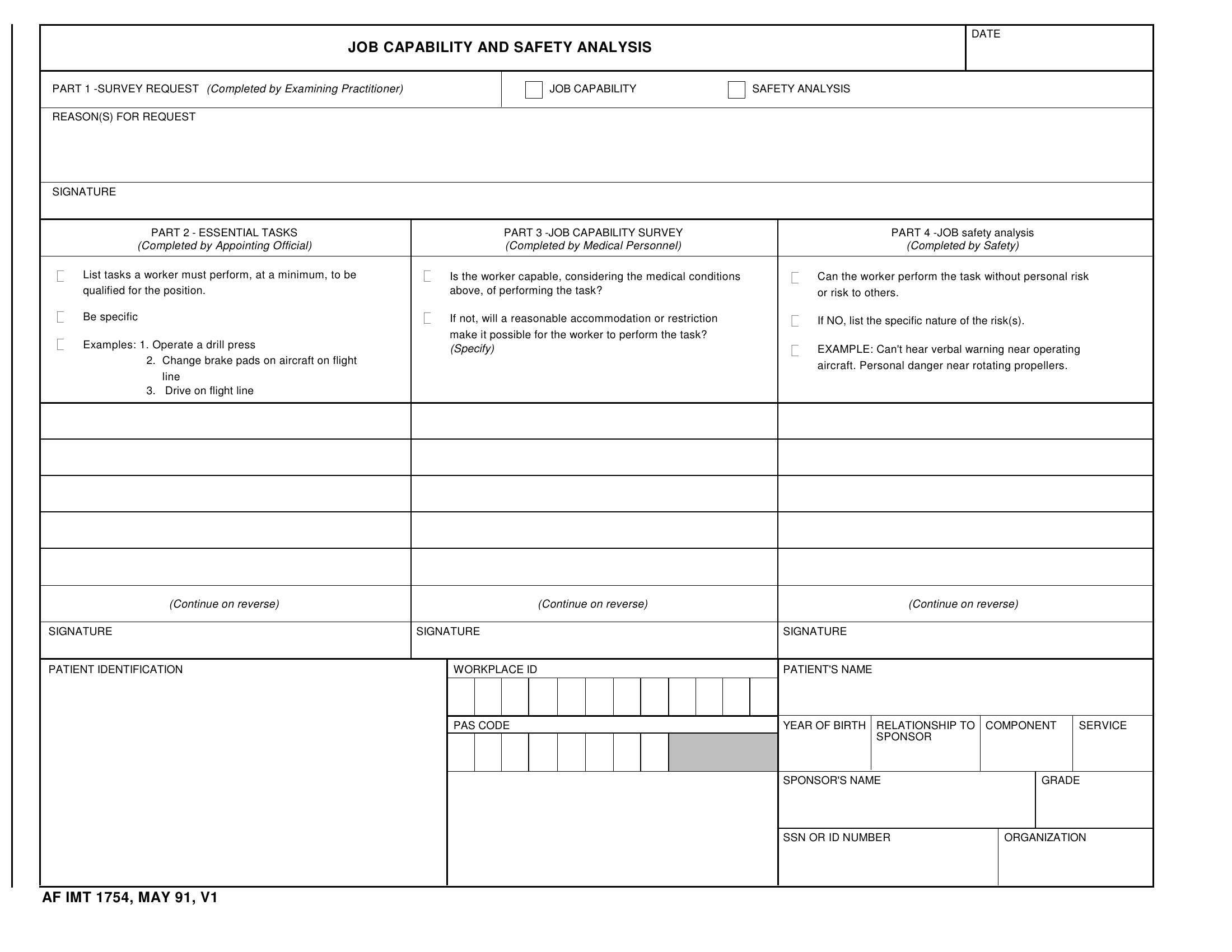 AF Form 1754 Job Capability And Safety Analysis LRA Forms Docs