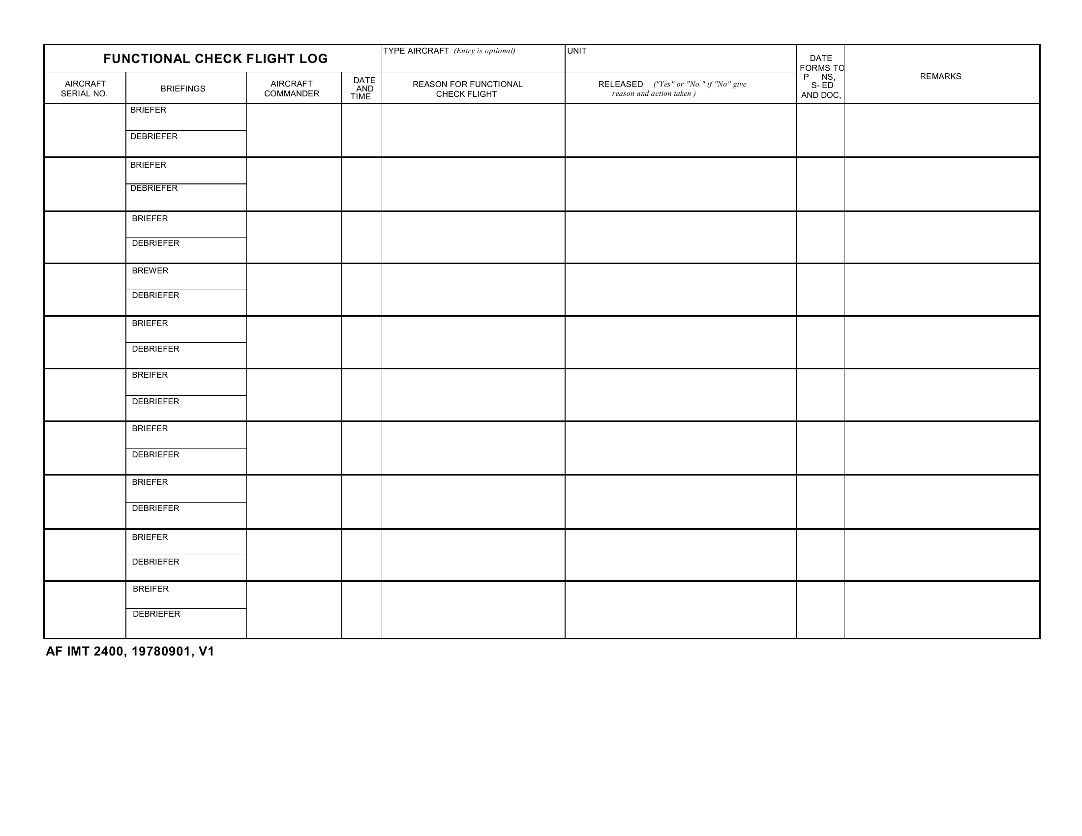 AF Form 2400 Functional Check Flight Log Forms Docs 2023