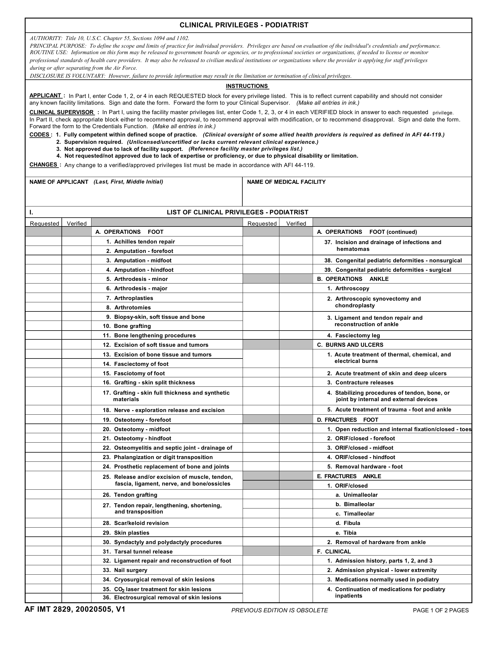 AF Form 2829 Clinical Privileges Podiatrist Forms Docs 2023