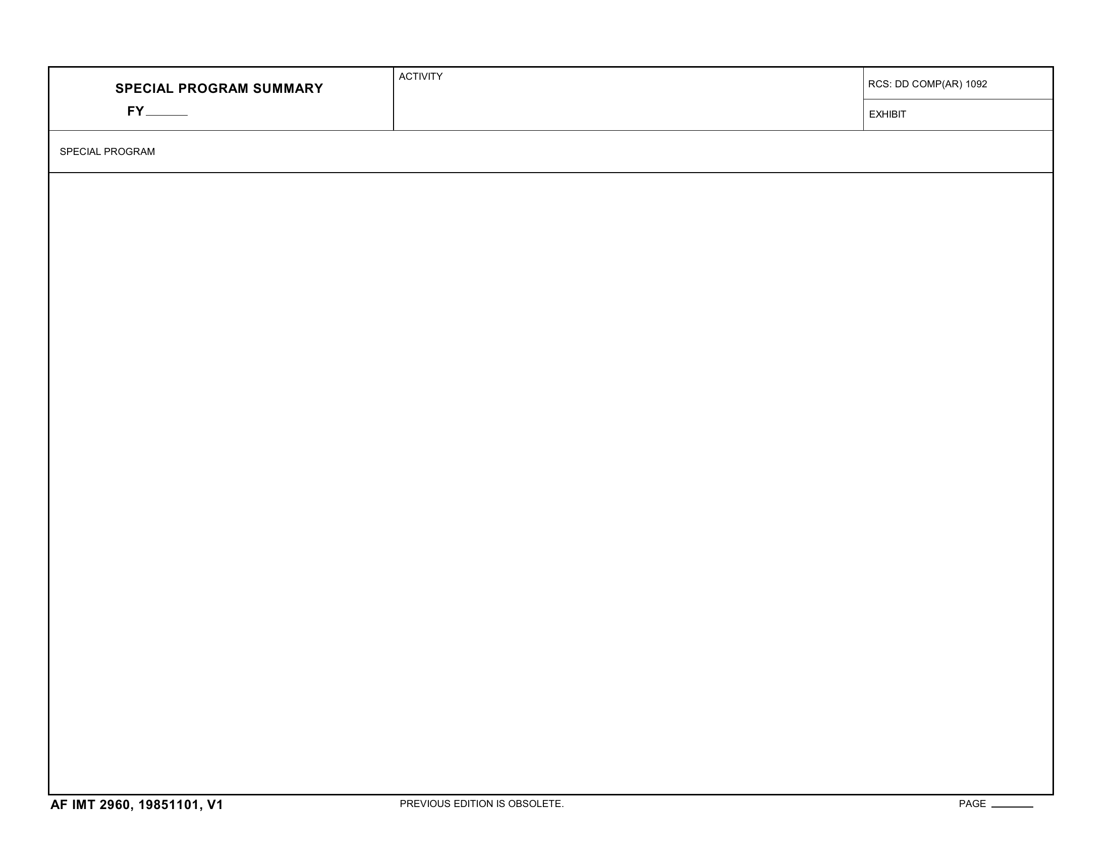 AF Form 2960 Special Program Summary Fy Financial Plan Lra