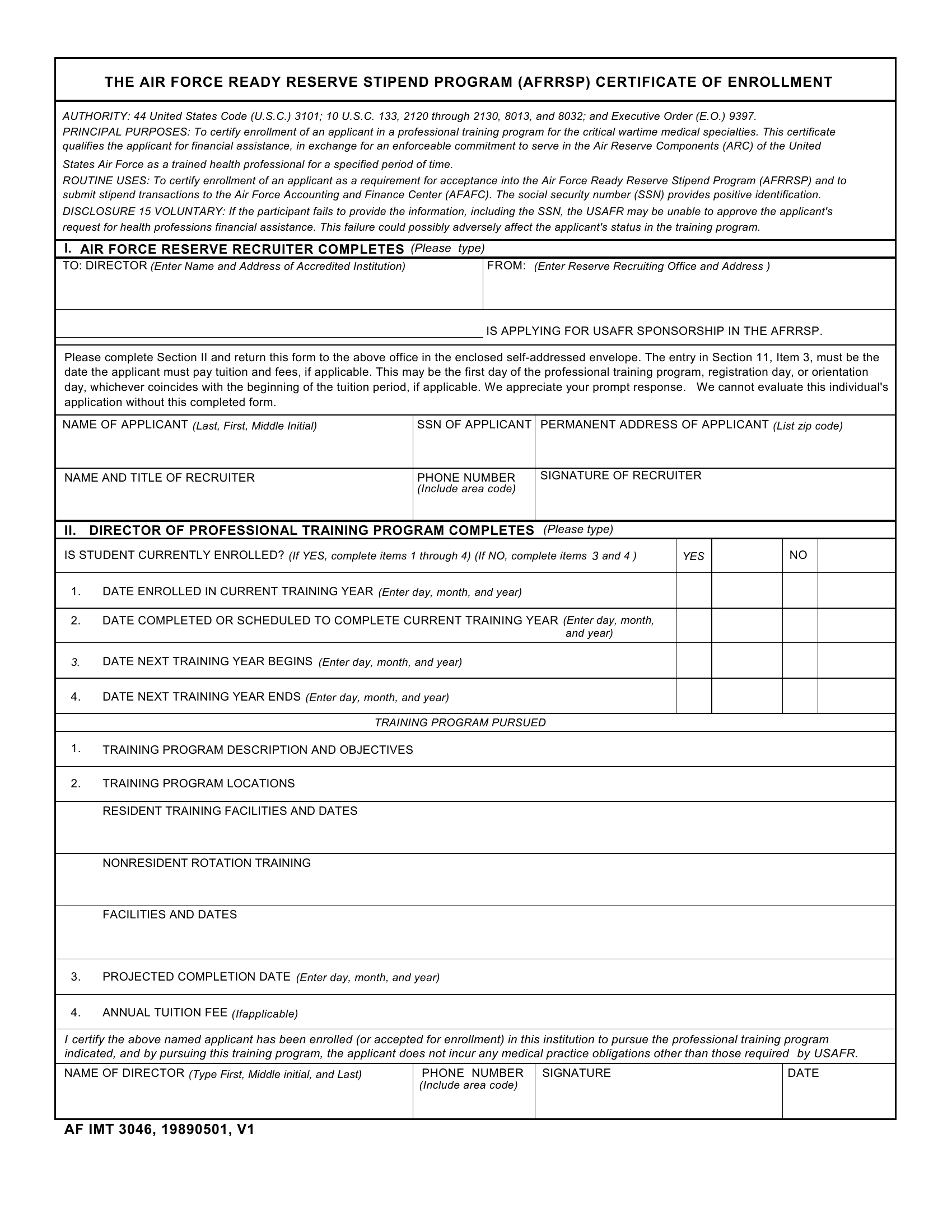 AF Form 3046 The Air Force Ready Reserve Stipend Program AFRRSP