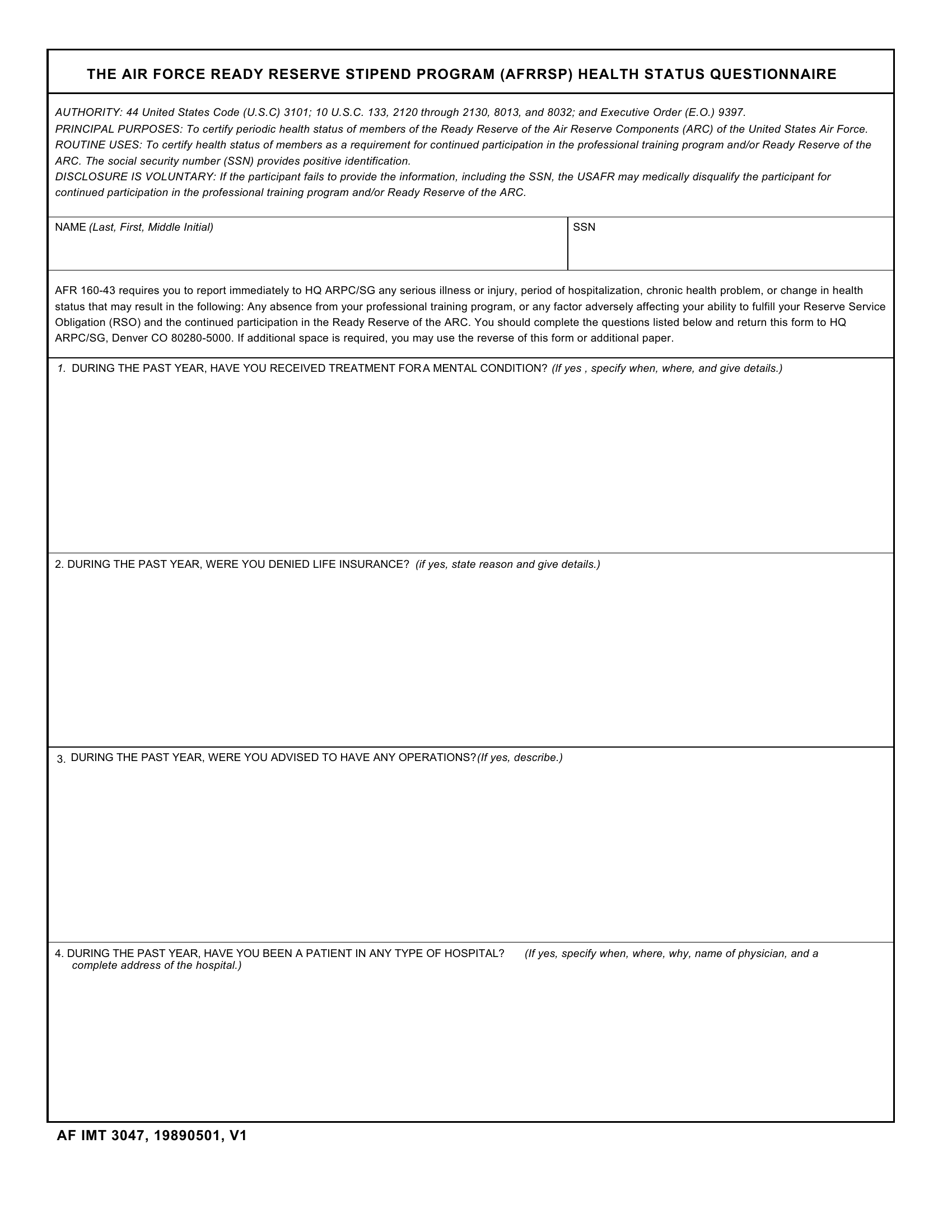 AF Form 3047 The Air Force Ready Reserve Stipend Program AFRRSP