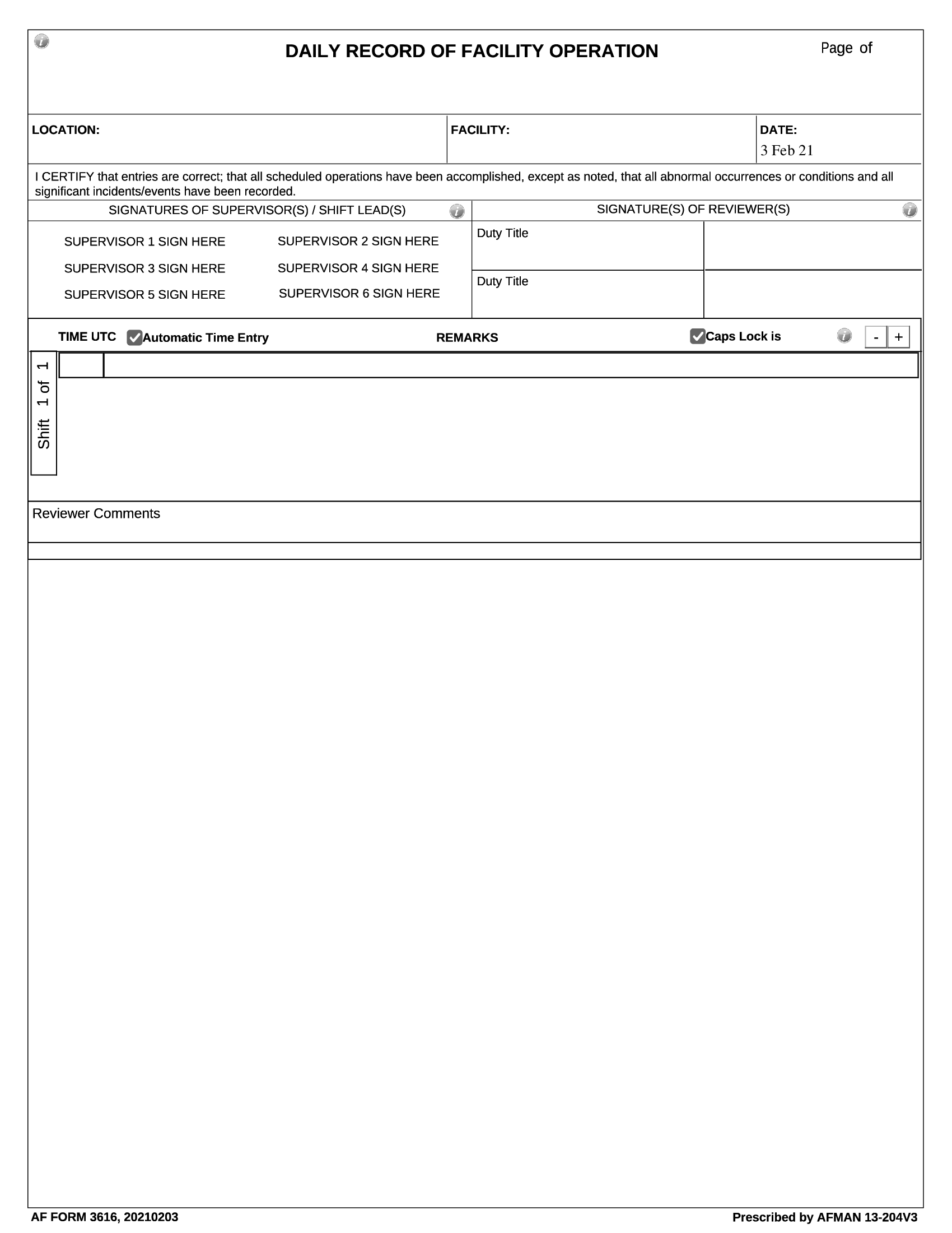 AF Form 3616 Daily Record Of Facility Operation Forms Docs 2023