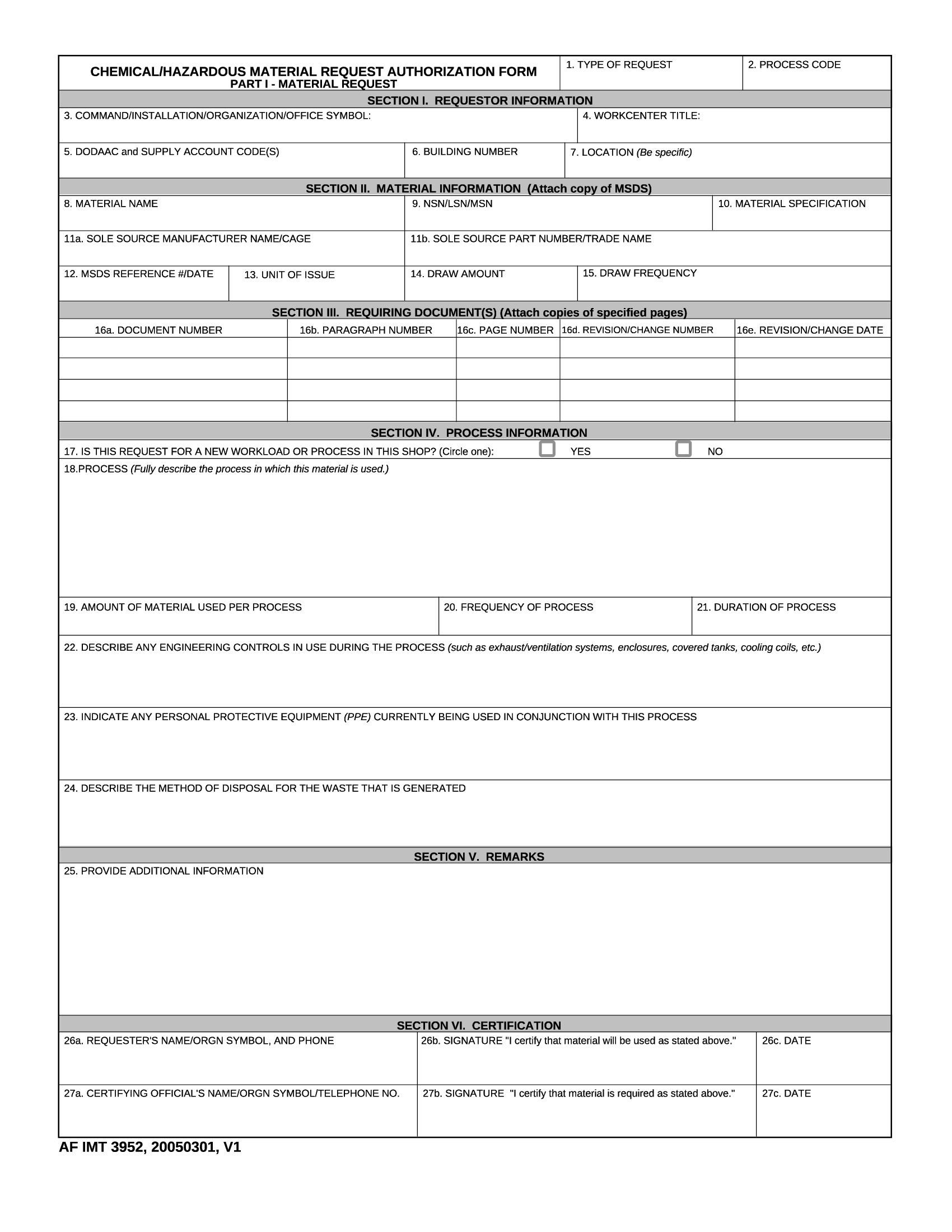 AF Form 3952 Chemical Hazardous Material Request Authorization Form