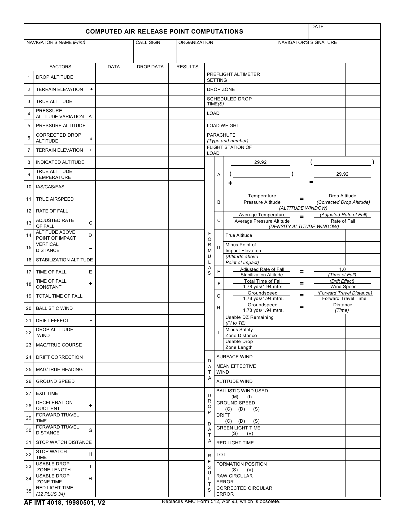 AF Form 4018 Computed Air Release Point Computations Forms Docs