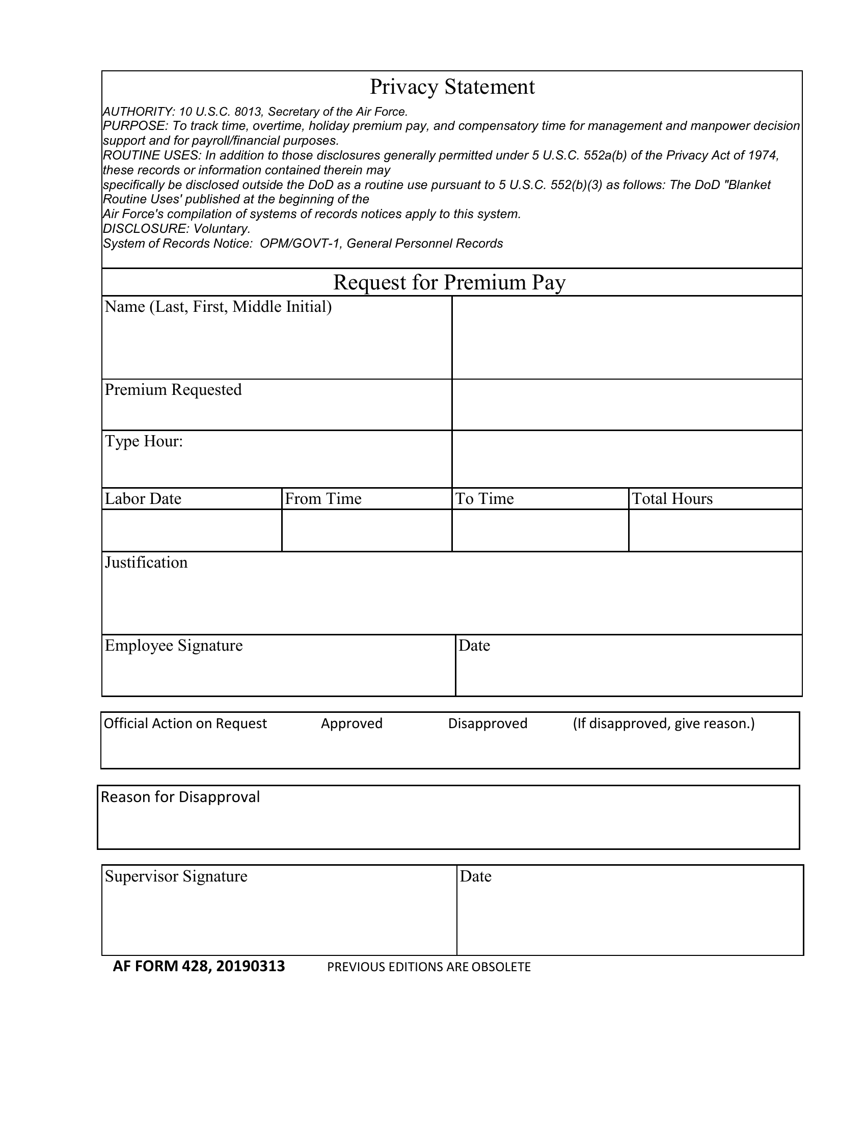 AF Form 428 Request For Premium Pay Forms Docs 2023