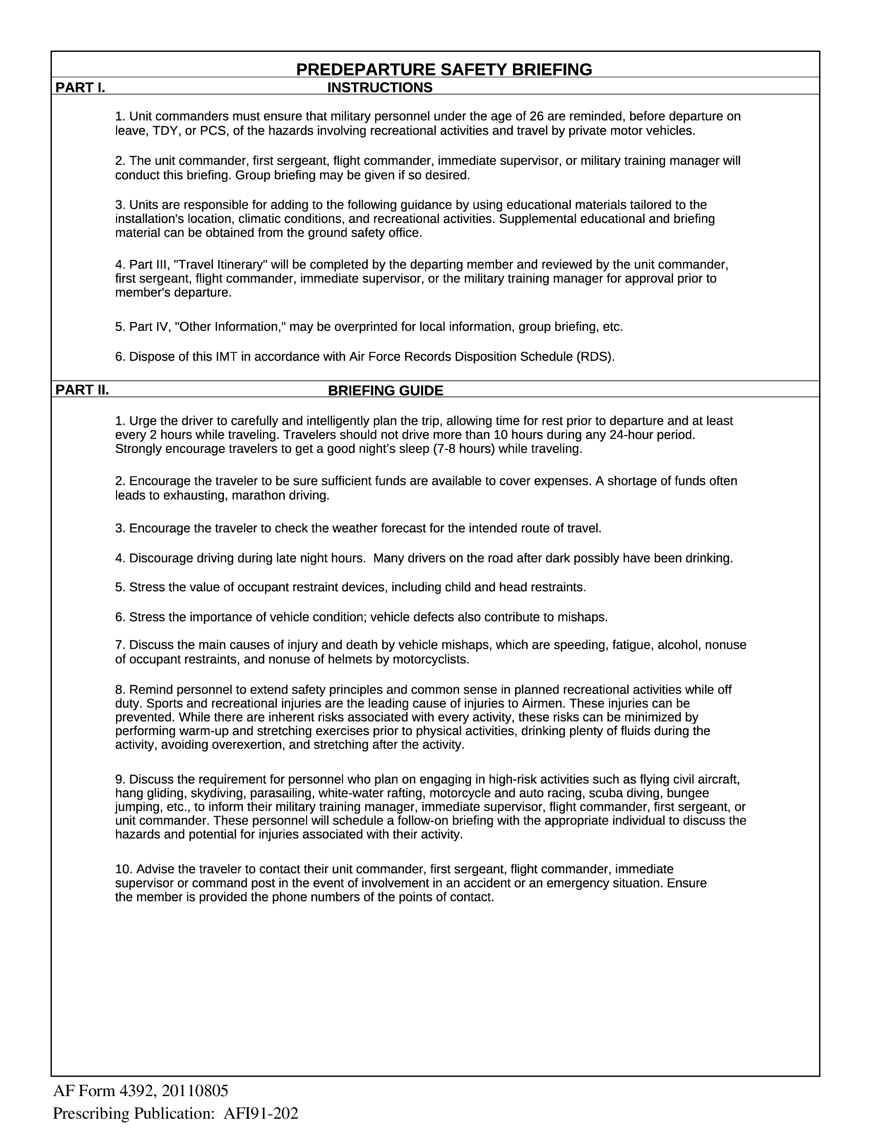 AF Form 4392 Predeparture Safety Briefing Forms Docs 2023