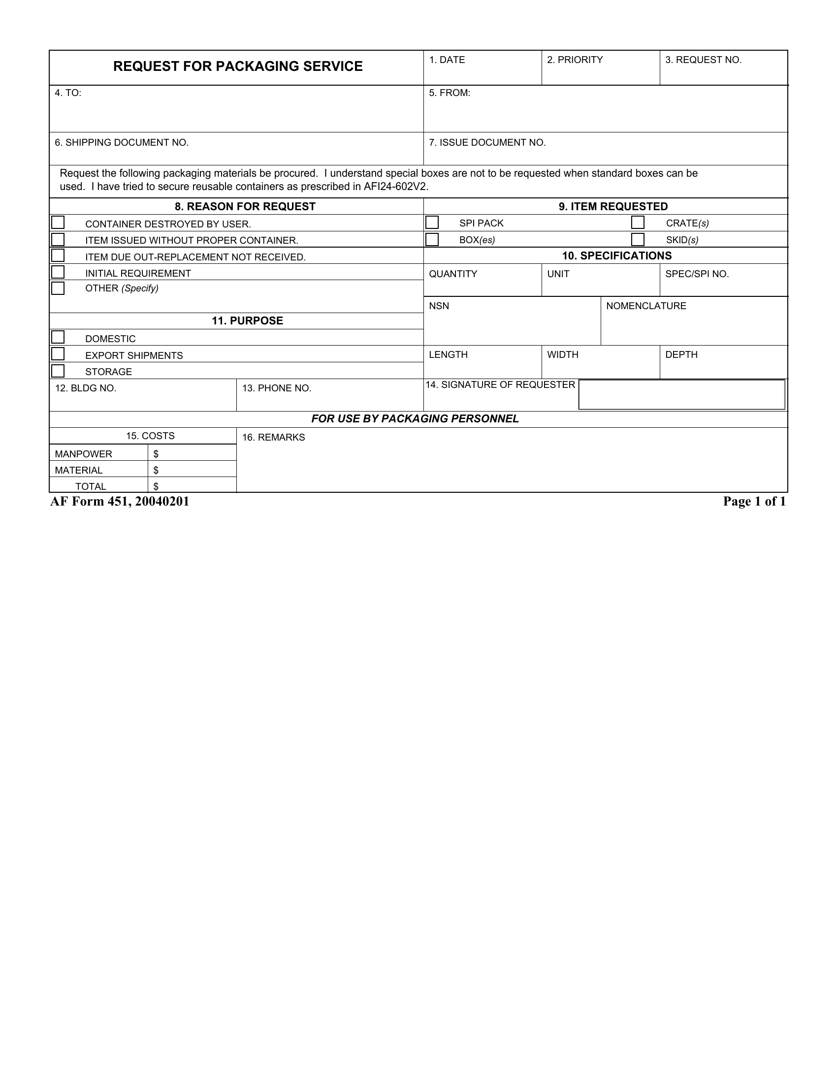 AF Form 451 Request For Packaging Service Forms Docs 2023