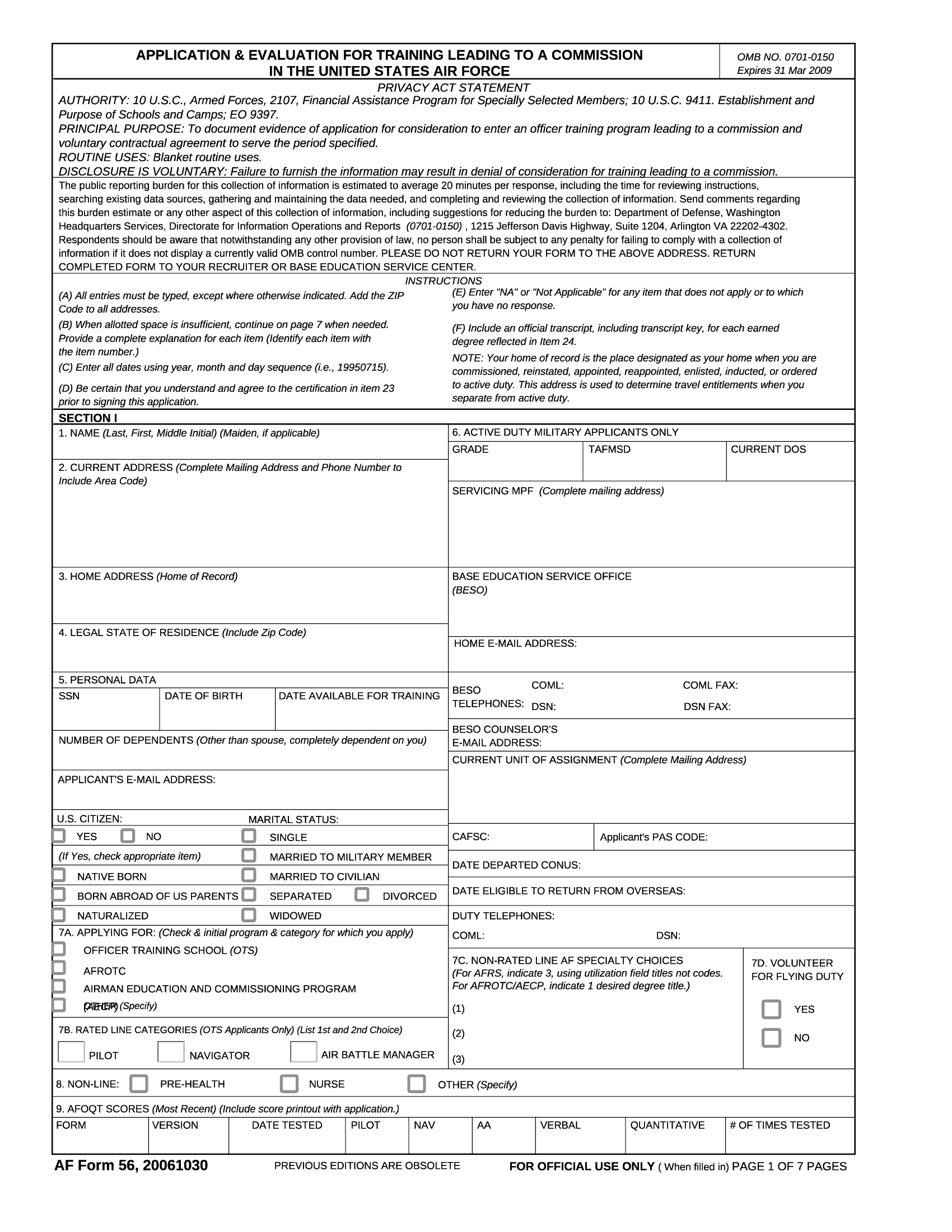 AF Form 56 Application Evaluation For Training Leading To A