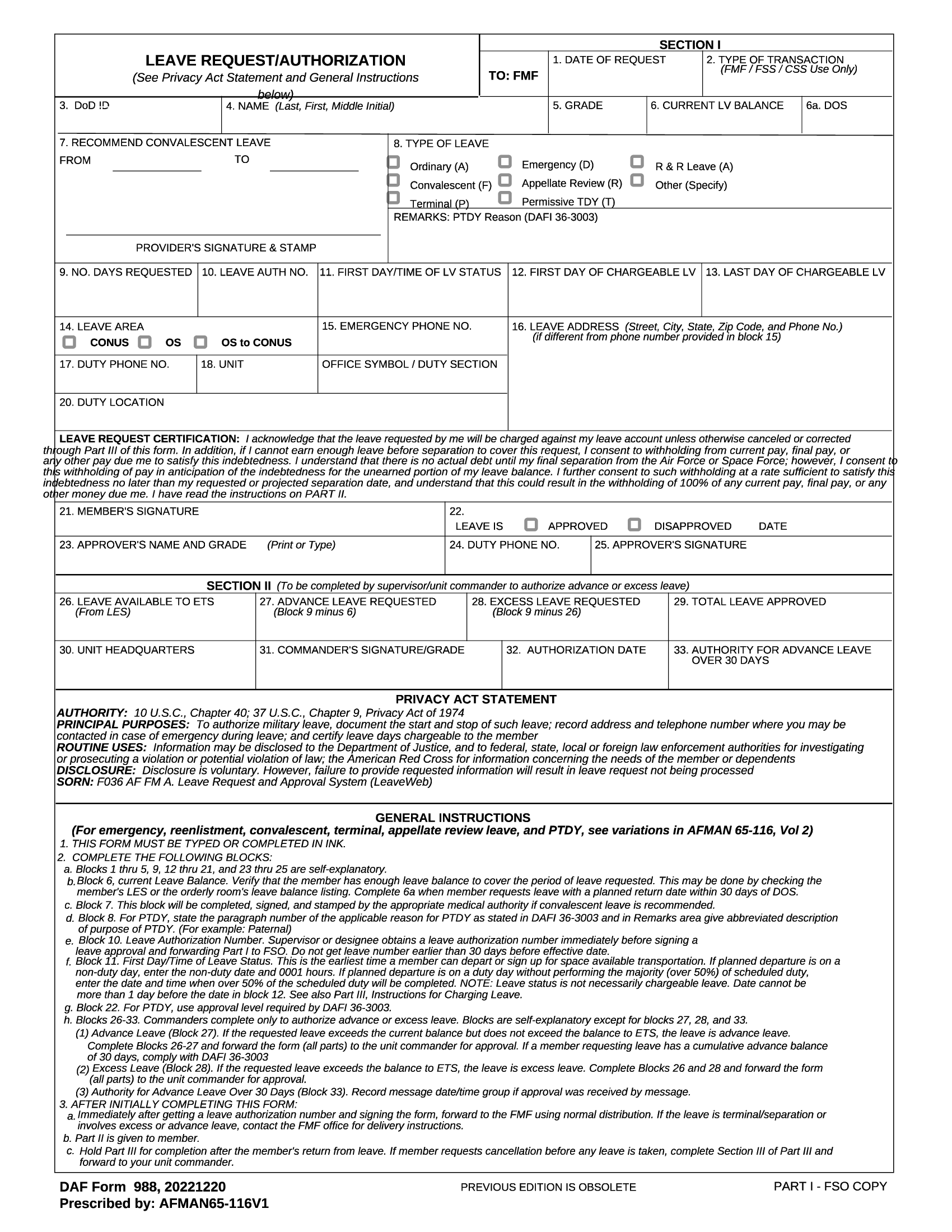 AF Form 988 Leave Request Authorization Forms Docs 2023