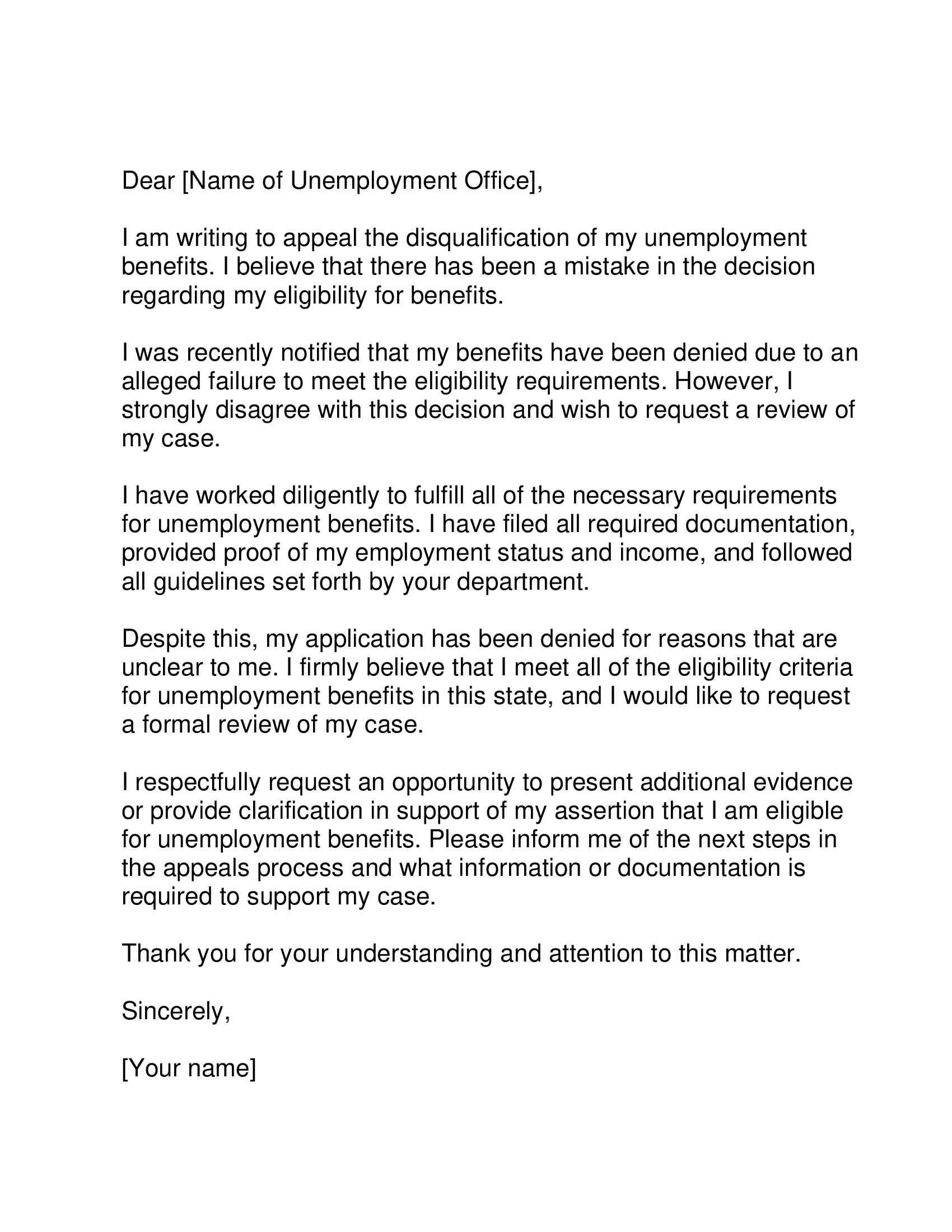 Appeal Letter for Unemployment Benefits Disqualification Forms Docs