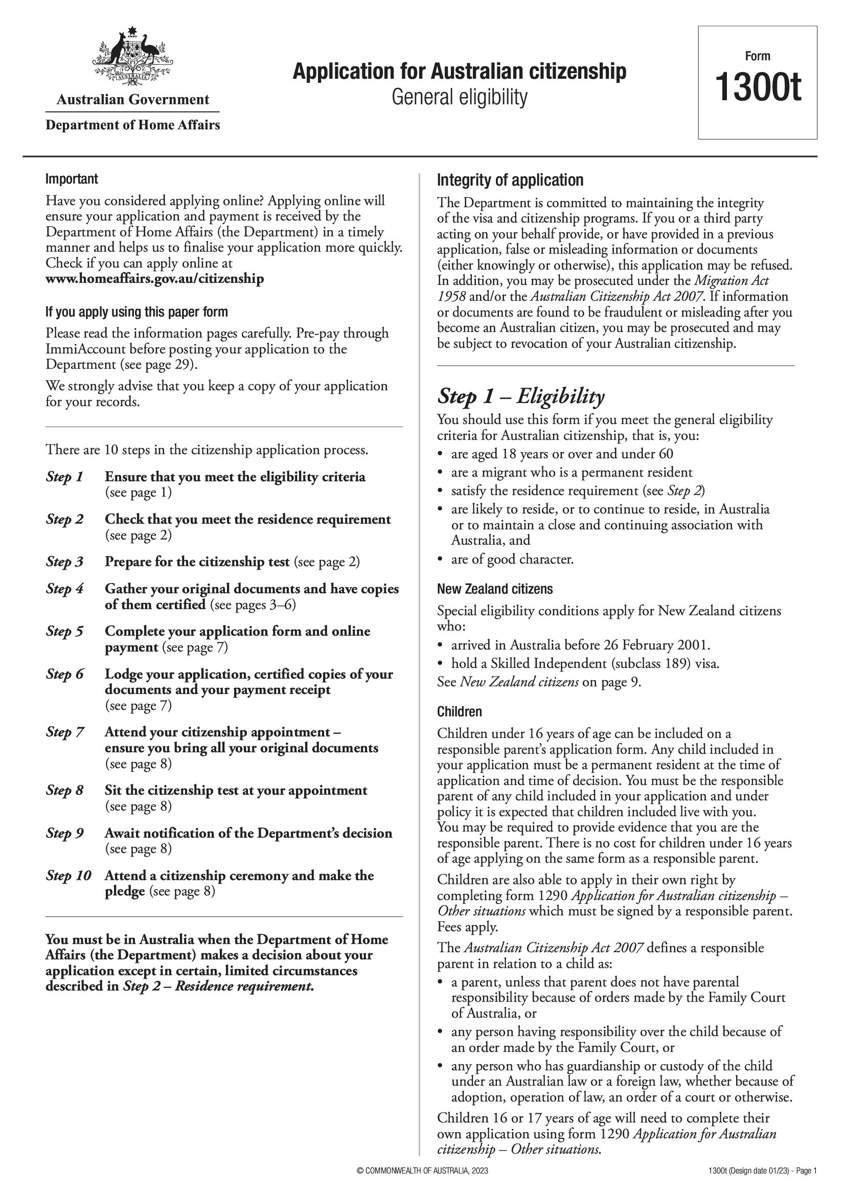 Form 1300t Application For Australian Citizenship General 