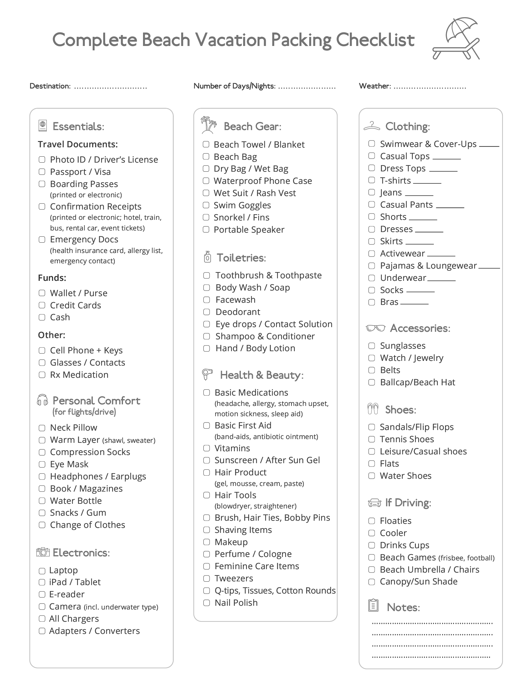 Beach Vacation Packing List Forms Docs 2023