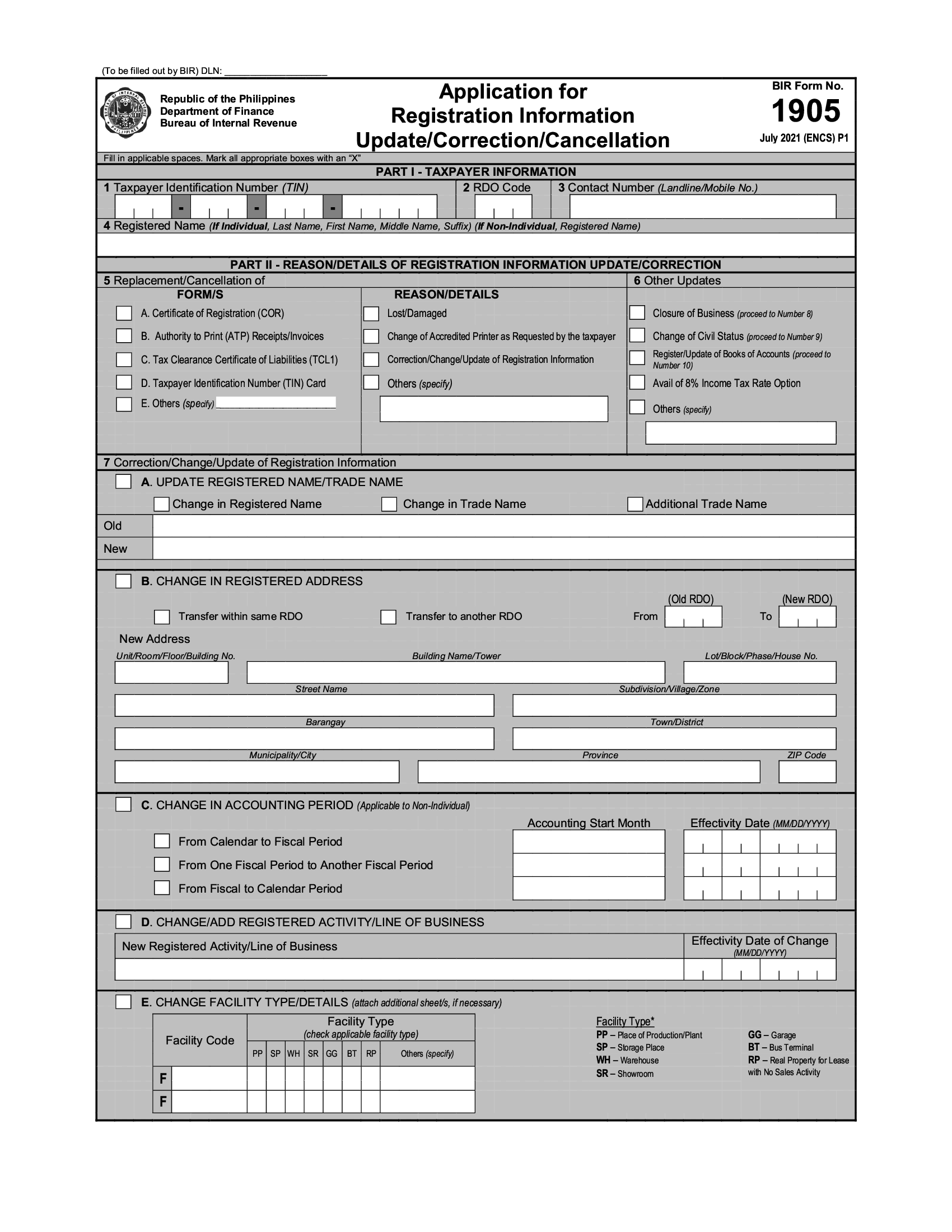 BIR Form 1905 Application For Registration Information Update 