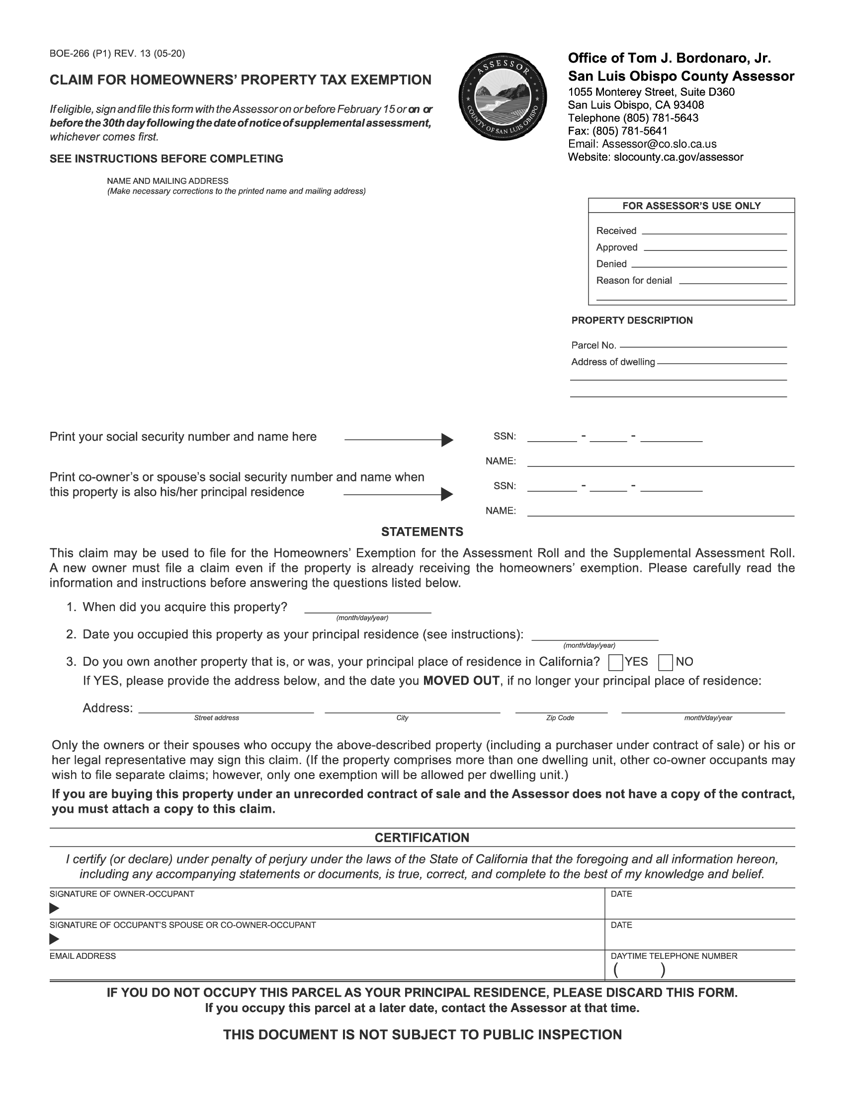 Form BOE266. Claim for Homeowners Property Tax Exemption Forms