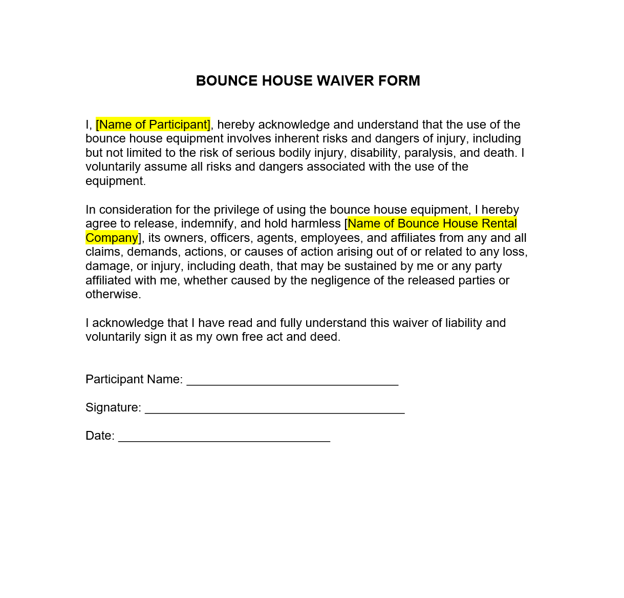 Simple Bounce House Waiver Template