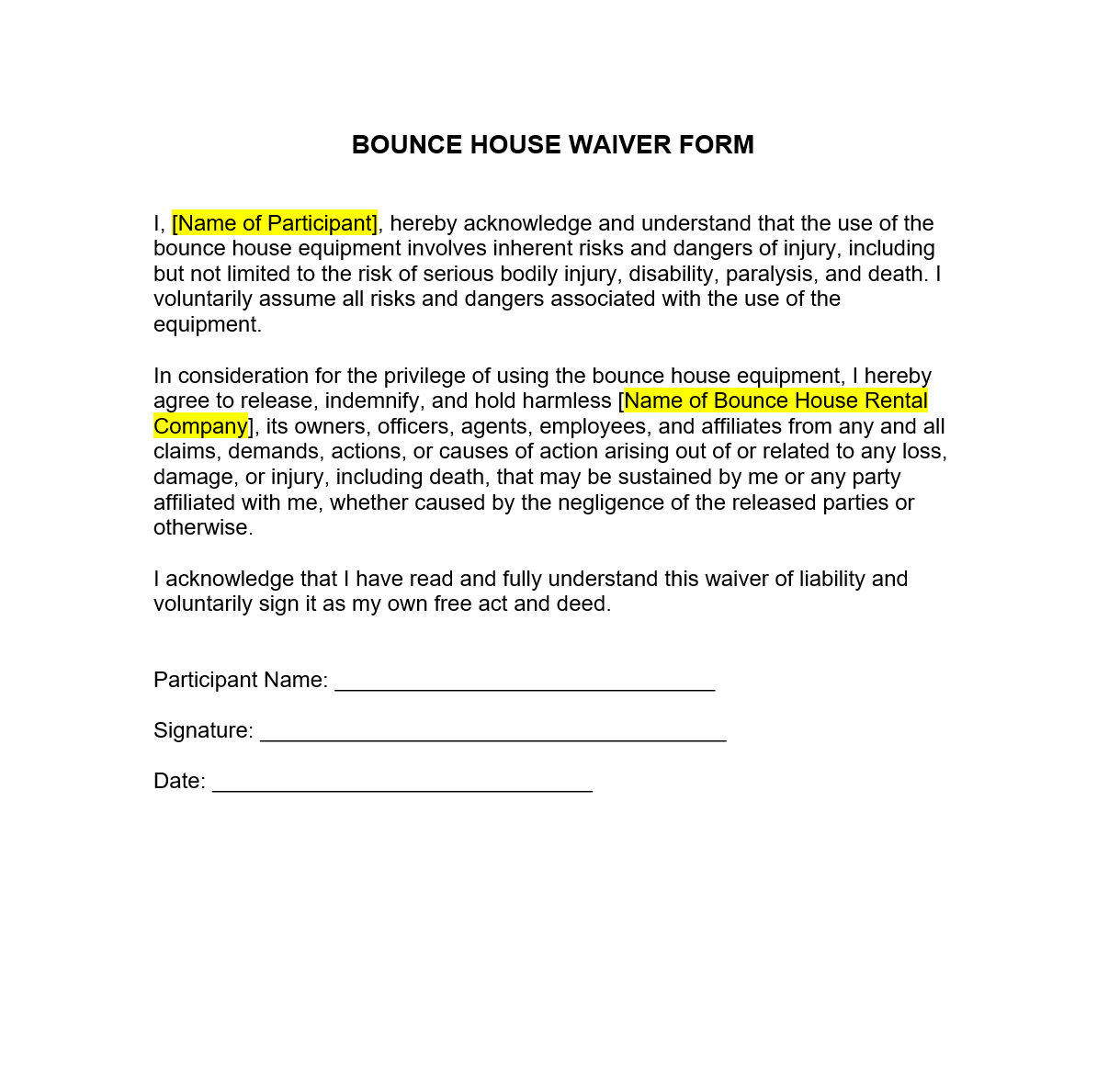Bounce House Waiver Form Document Template Bounce House Waiver Form Document Template