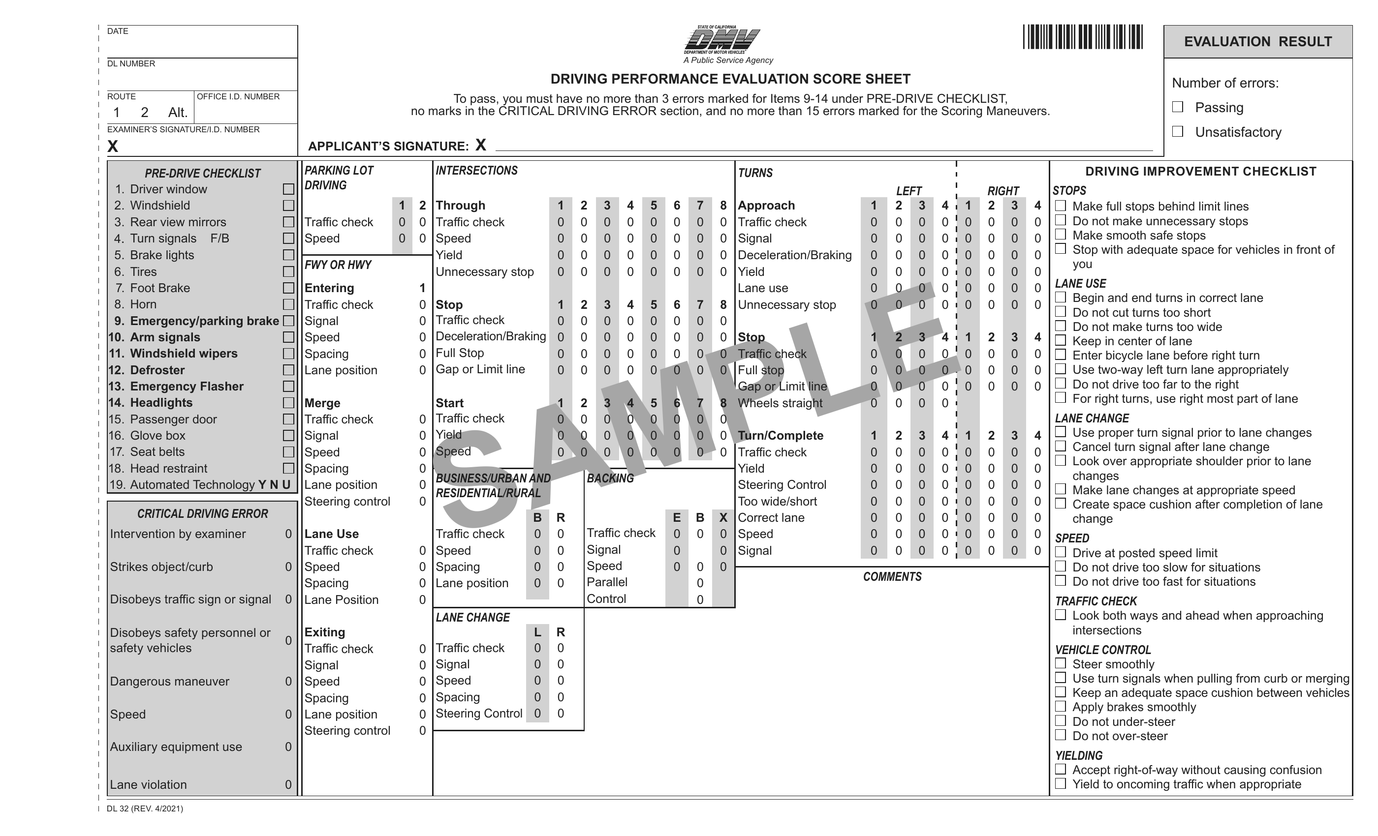 CA DMV Form DL 32 Driving Performance Evaluation Score Sheet Forms