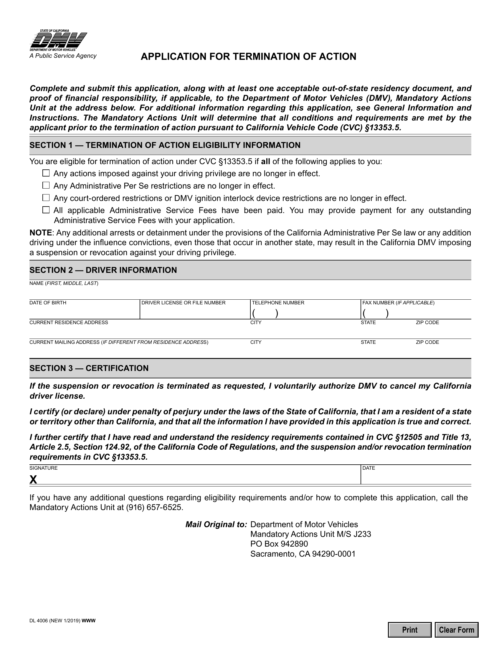 CA DMV Form DL 4006. Application for Termination of Action | Forms - Docs - 2023